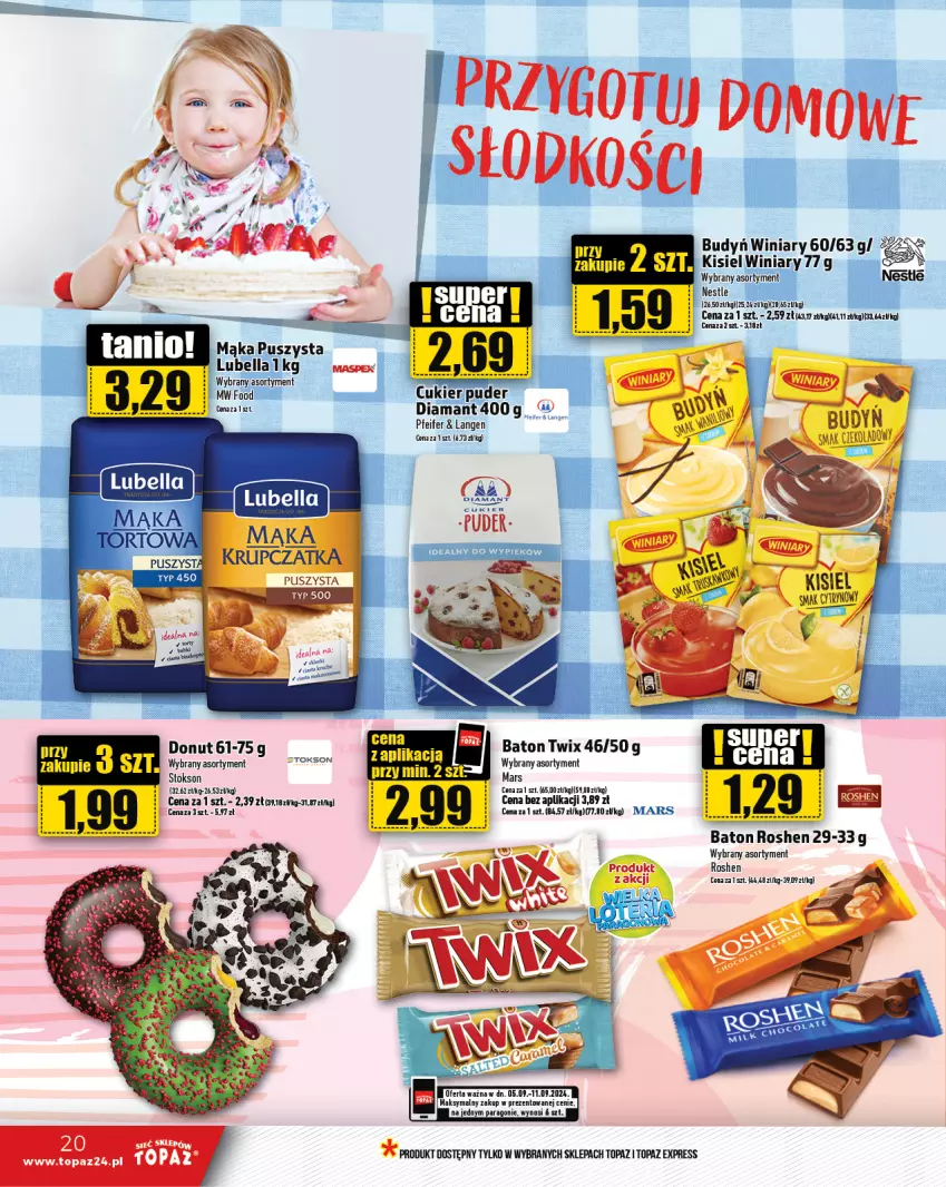 Gazetka promocyjna Topaz - Gazetka - ważna 05.09 do 11.09.2024 - strona 20 - produkty: Baton, Bell, Bella, Budyń, Cukier, Diamant, Donut, Kisiel, Lubella, Mąka, Mars, Top, Twix, Winiary