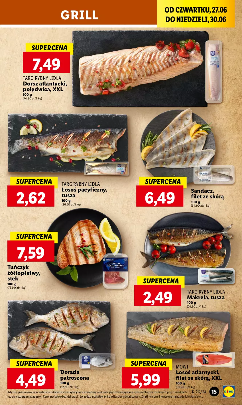 Gazetka promocyjna Lidl - GAZETKA - ważna 27.06 do 30.06.2024 - strona 15 - produkty: Dorsz, Grill, Polędwica, Sandacz, Stek, Top, Tuńczyk, Tusz