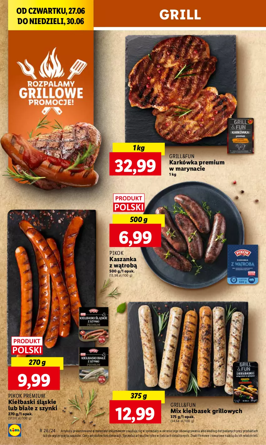 Gazetka promocyjna Lidl - GAZETKA - ważna 27.06 do 30.06.2024 - strona 16 - produkty: Grill, Kasza, Kaszanka, Kiełbaski śląskie, PIKOK