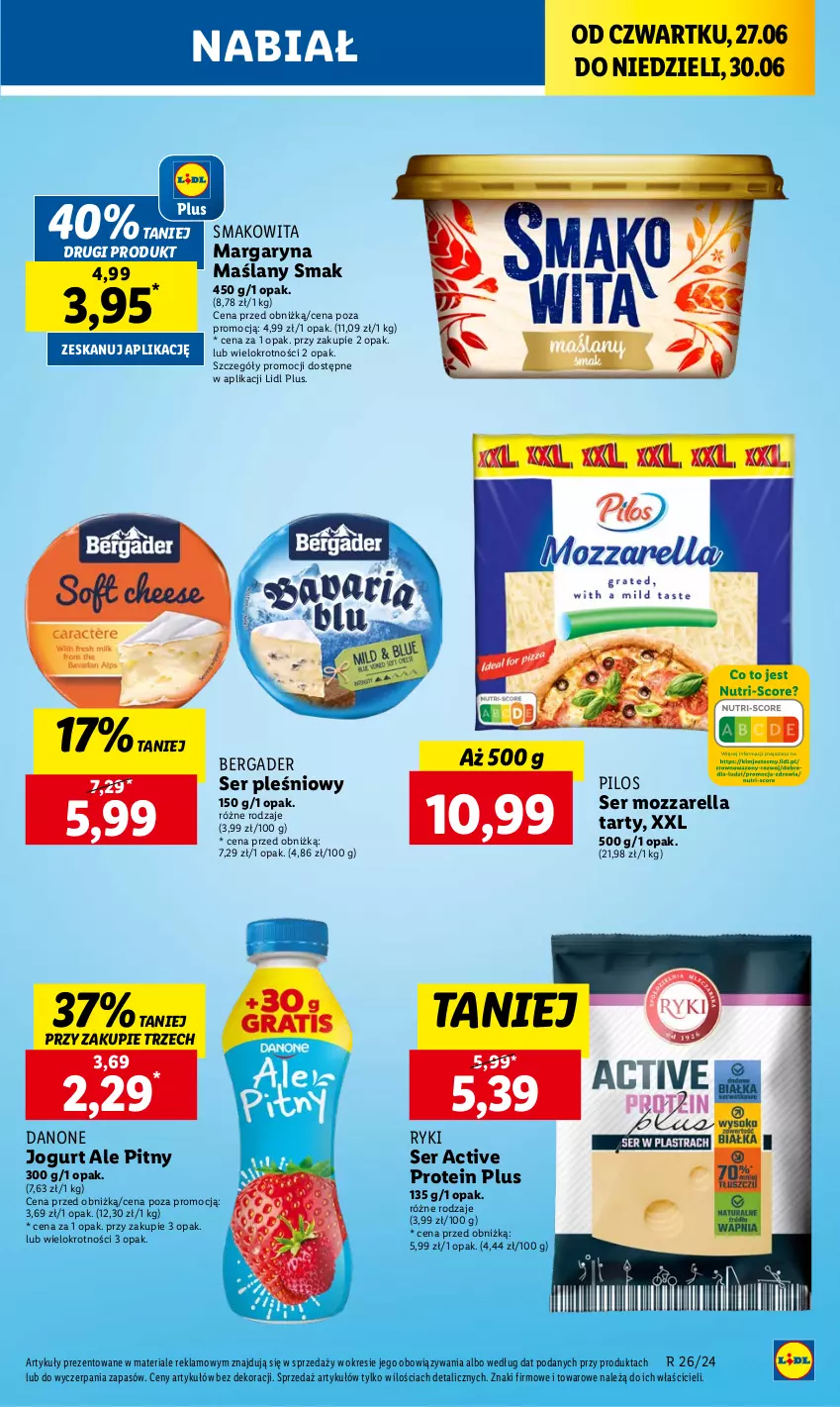 Gazetka promocyjna Lidl - GAZETKA - ważna 27.06 do 30.06.2024 - strona 21 - produkty: Danone, Jogurt, Margaryna, Mozzarella, Pilos, Ser, Ser pleśniowy, Smakowita