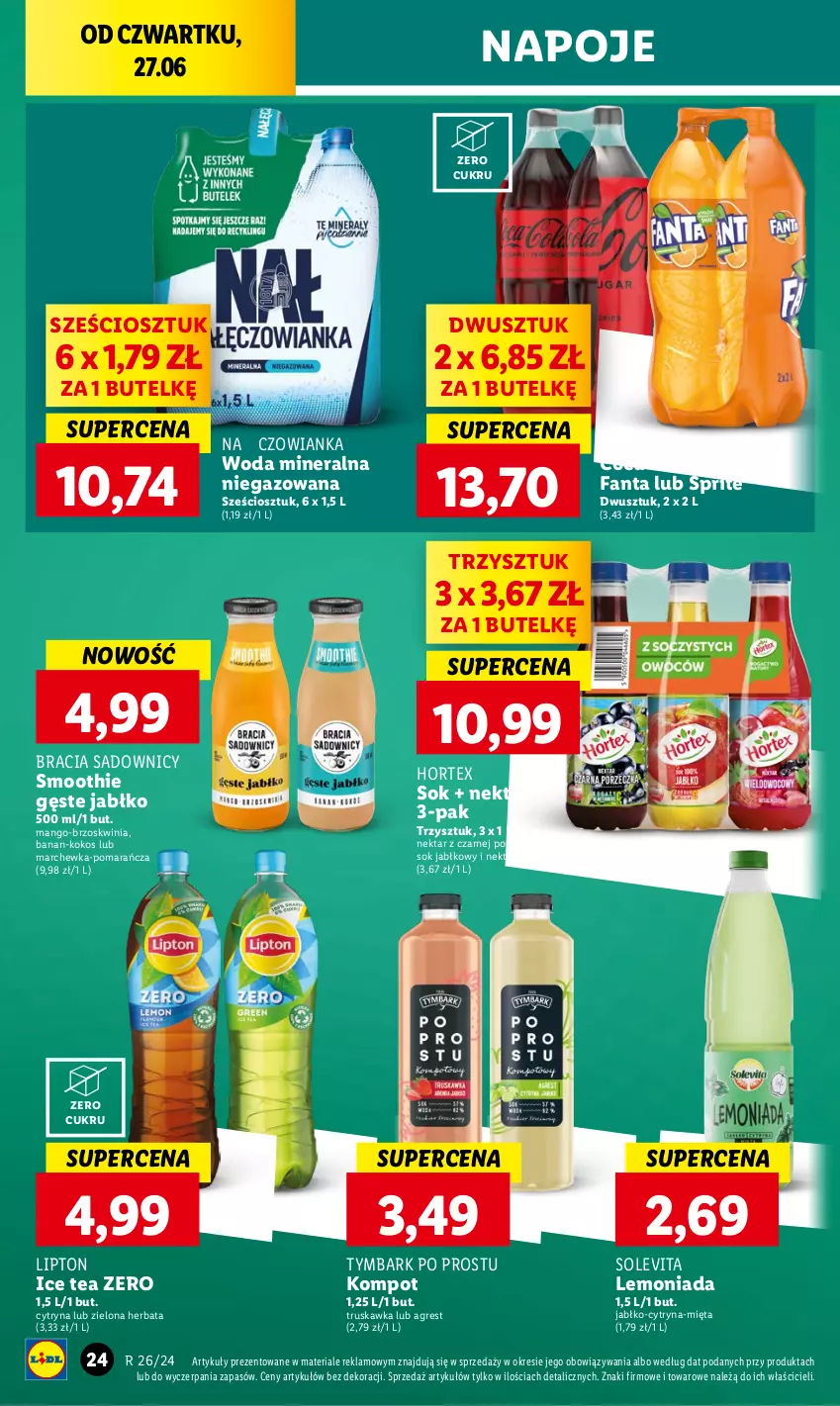 Gazetka promocyjna Lidl - GAZETKA - ważna 27.06 do 30.06.2024 - strona 30 - produkty: Coca-Cola, Fa, Fanta, Gres, Herbata, Hortex, Ice tea, Kokos, Lemoniada, Lipton, Mango, Marchewka, Mięta, Nałęczowianka, Napoje, Nektar, Por, Smoothie, Sok, Sok jabłkowy, Sprite, Tymbark, Woda, Woda mineralna