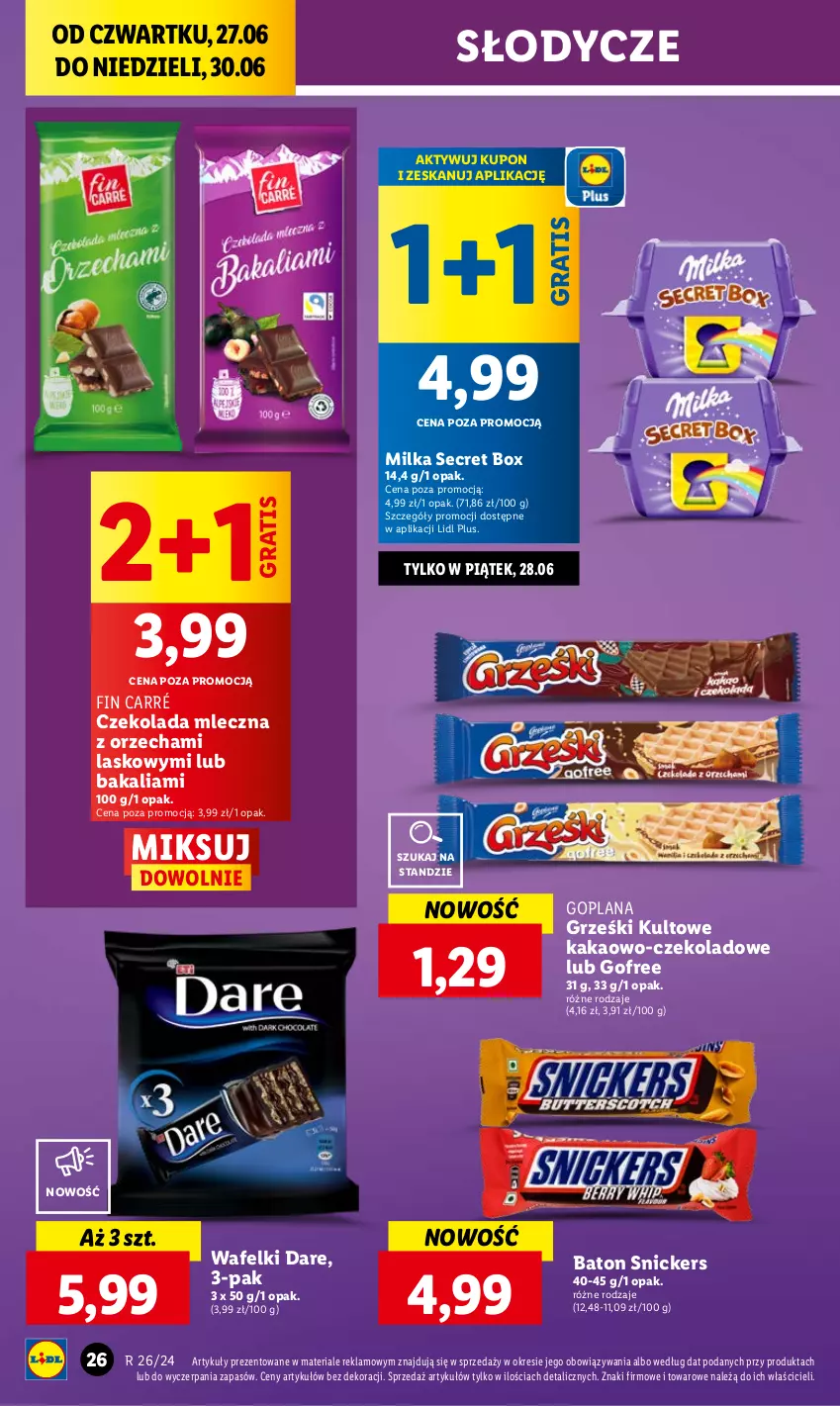 Gazetka promocyjna Lidl - GAZETKA - ważna 27.06 do 30.06.2024 - strona 32 - produkty: Baton, Czekolada, Czekolada mleczna, Goplana, Gra, Grześki, Kakao, LANA, Milka, Snickers