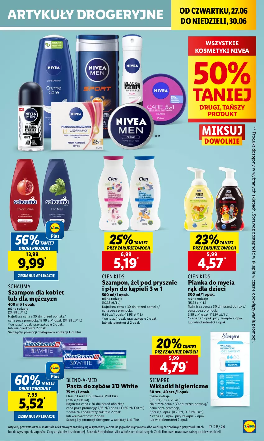 Gazetka promocyjna Lidl - GAZETKA - ważna 27.06 do 30.06.2024 - strona 37 - produkty: Blend-a-Med, Dzieci, Nivea, Pasta do zębów, Płyn do kąpieli, Schauma, Szampon, Wkładki