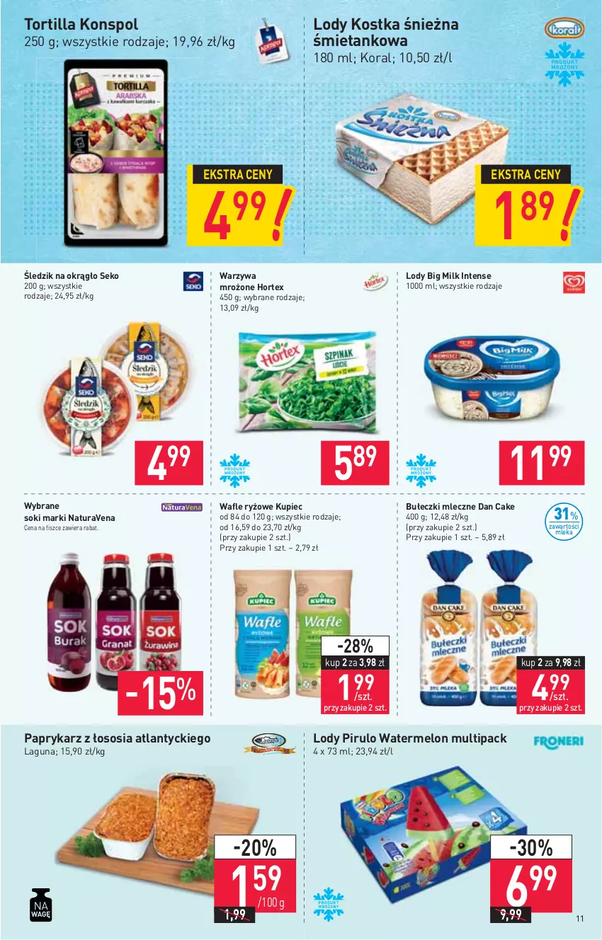 Gazetka promocyjna Stokrotka - Supermarket - ważna 29.07 do 04.08.2021 - strona 11 - produkty: Big Milk, Bułeczki, Bułeczki mleczne, Dan Cake, Hortex, Kupiec, Lody, Melon, Papryka, Paprykarz, Piec, Ryż, SEKO, Sok, Sos, Tortilla, Wafle, Warzywa