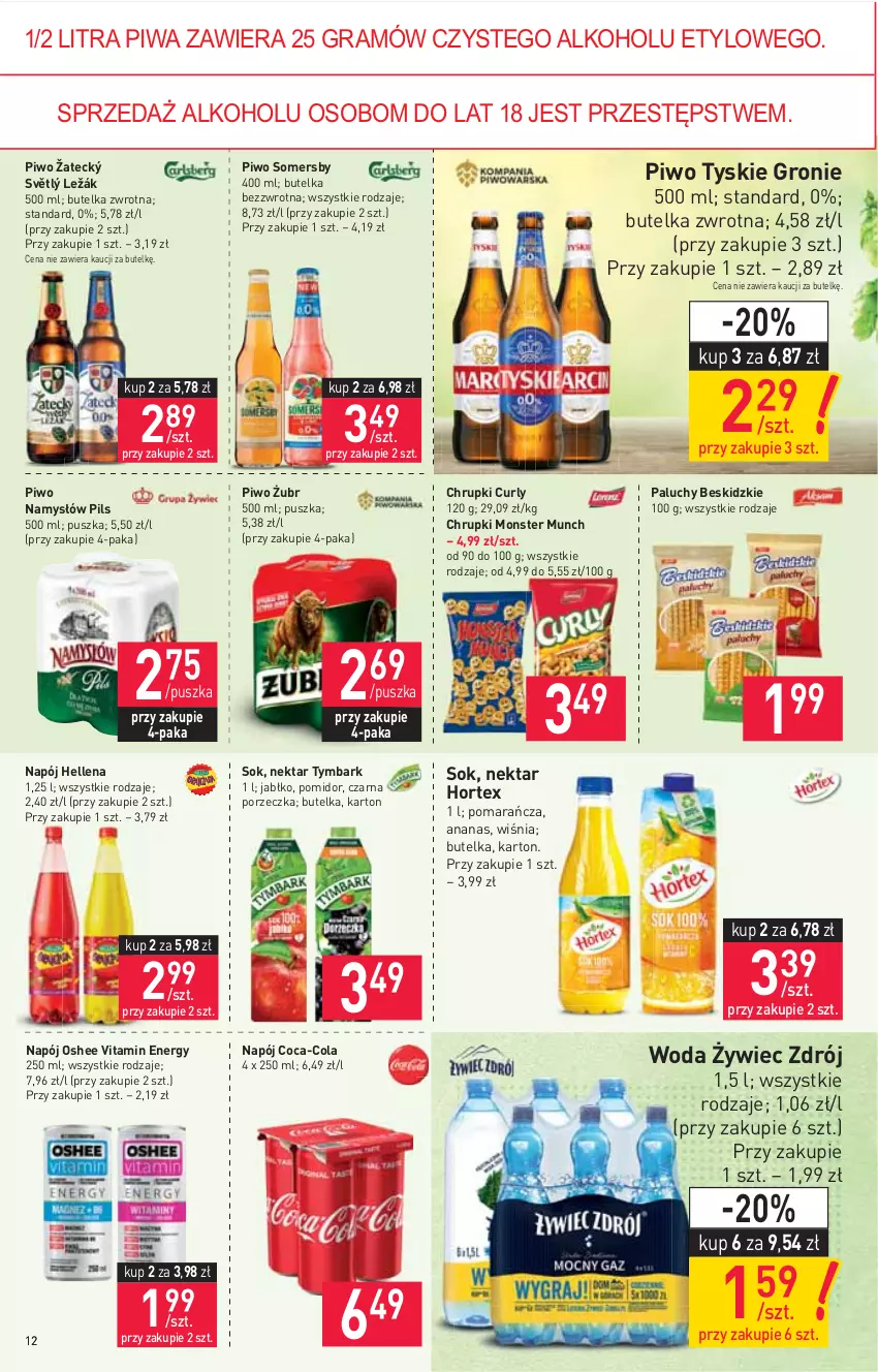 Gazetka promocyjna Stokrotka - Supermarket - ważna 29.07 do 04.08.2021 - strona 12 - produkty: Ananas, Beskidzki, Chrupki, Coca-Cola, Gra, Hellena, Hortex, Monster Munch, Namysłów, Napój, Nektar, Oshee, Piwa, Piwo, Por, Sok, Somersby, Tymbark, Tyskie, Woda