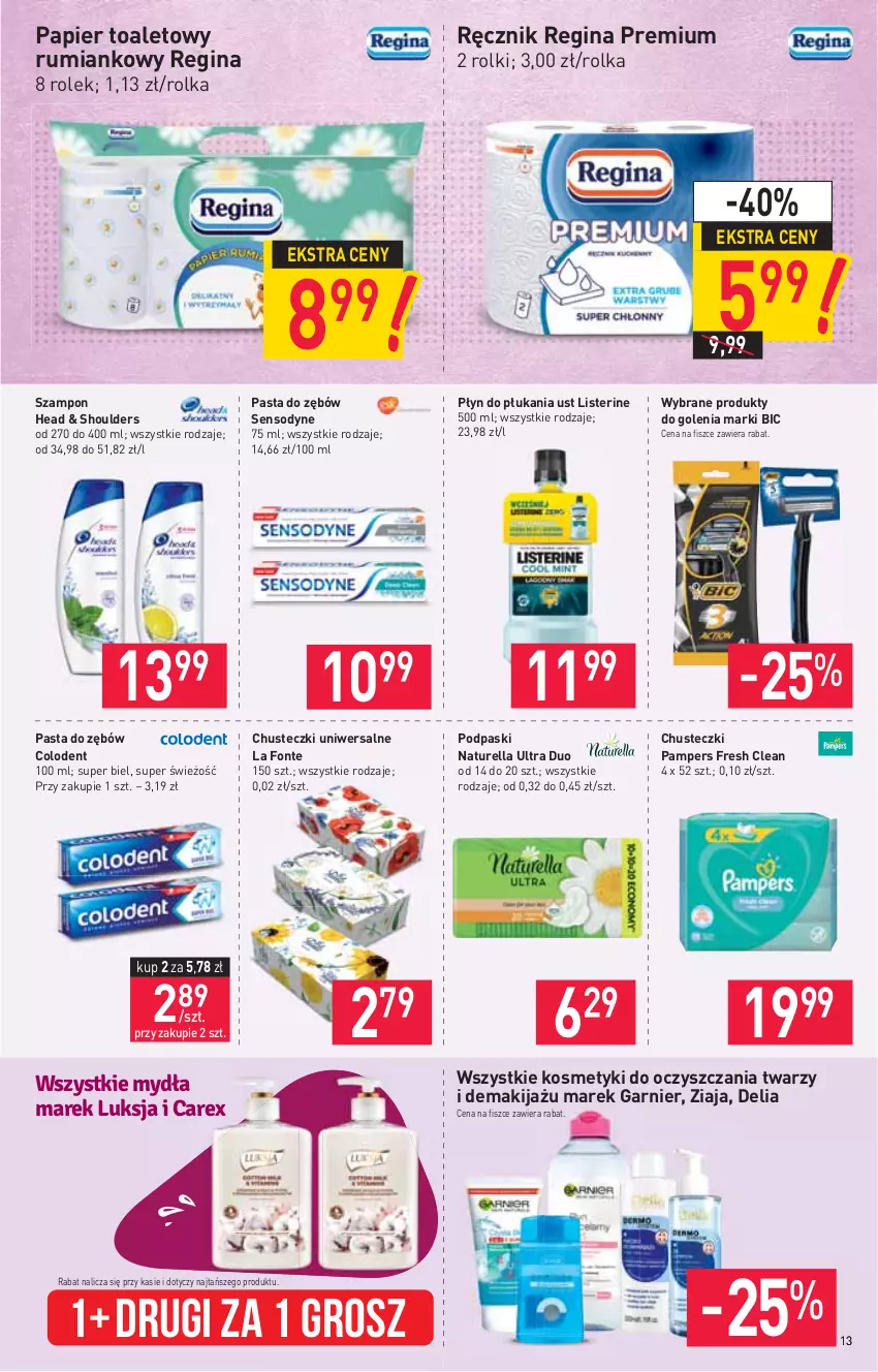 Gazetka promocyjna Stokrotka - Supermarket - ważna 29.07 do 04.08.2021 - strona 13 - produkty: BIC, Chusteczki, Garnier, Gin, Listerine, Luksja, Makijaż, Naturell, Naturella, Pampers, Papier, Papier toaletowy, Pasta do zębów, Płyn do płukania, Podpaski, Ręcznik, Rolki, Rum, Sensodyne, Szampon, Ziaja