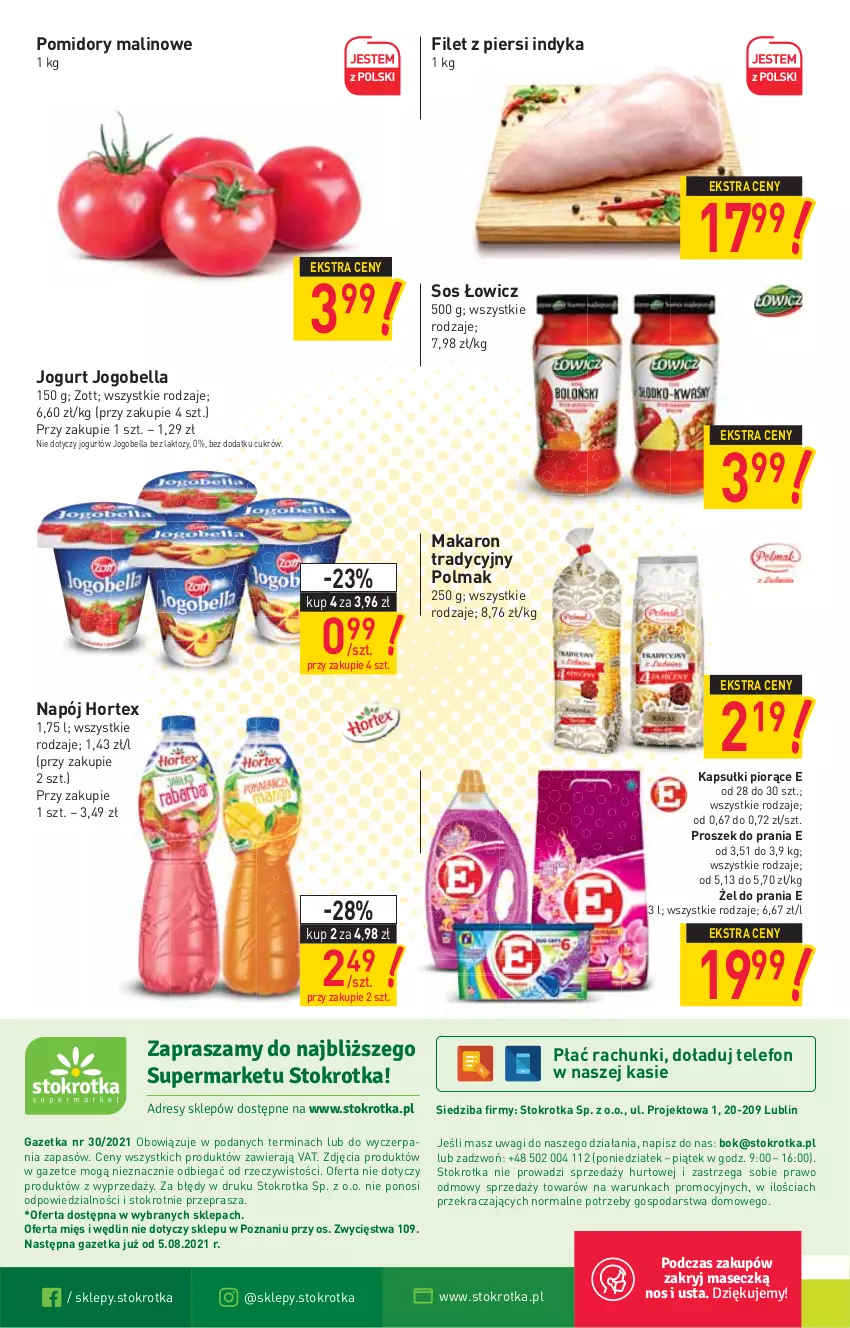 Gazetka promocyjna Stokrotka - Supermarket - ważna 29.07 do 04.08.2021 - strona 16 - produkty: Bell, Bella, Filet z piersi indyka, Hortex, Jogobella, Jogurt, Makaron, Napój, O nas, Olma, Pomidory, Proszek do prania, Sos, Telefon, Wagi, Zott