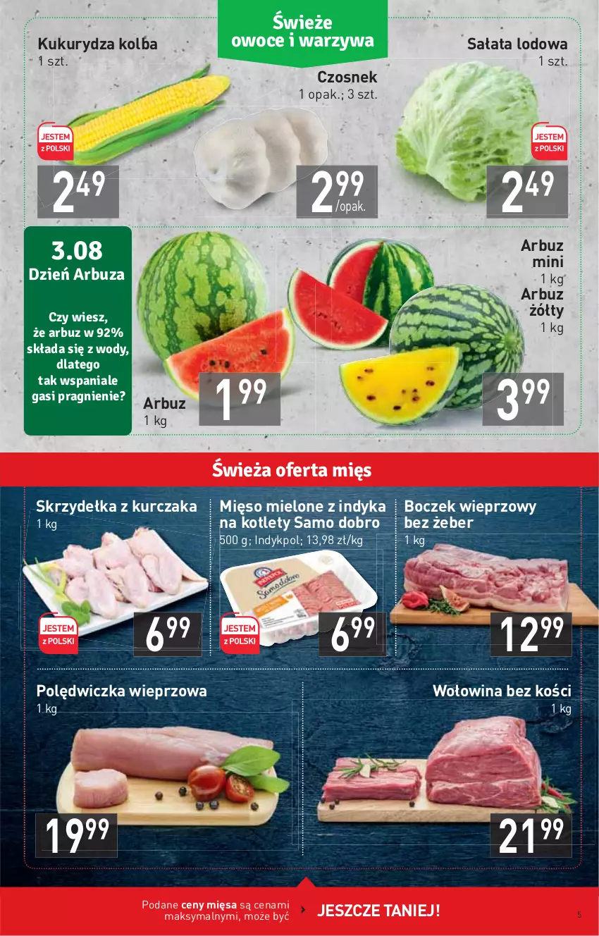 Gazetka promocyjna Stokrotka - Supermarket - ważna 29.07 do 04.08.2021 - strona 5 - produkty: Arbuz, Boczek, Boczek wieprzowy, Czosnek, HP, Kotlet, Kukurydza, Kurczak, Mięso, Mięso mielone, Polędwiczka wieprzowa, Sałat, Sałata lodowa, Skrzydełka z kurczaka, Wołowina, Wołowina bez kości