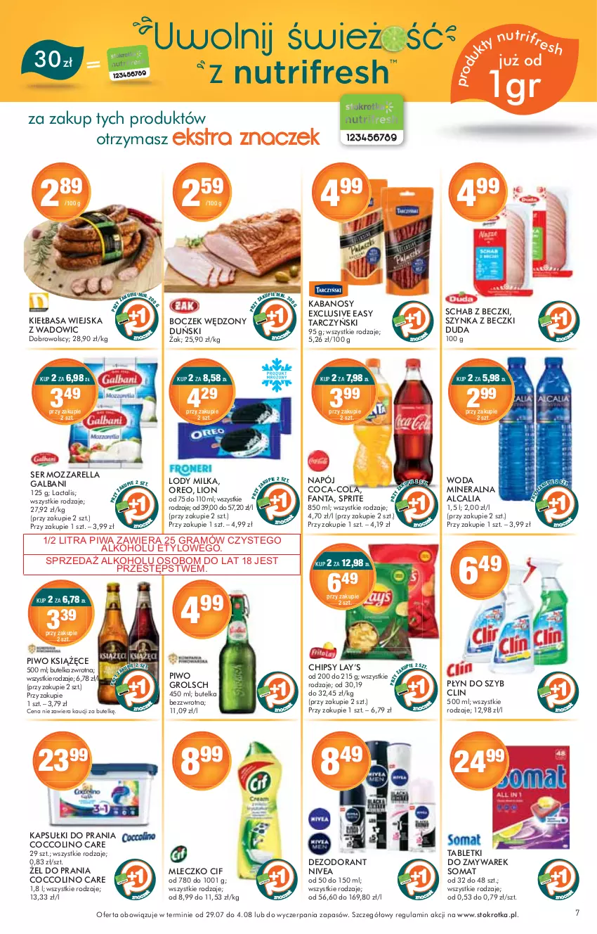 Gazetka promocyjna Stokrotka - Supermarket - ważna 29.07 do 04.08.2021 - strona 7 - produkty: Chipsy, Clin, Coca-Cola, Coccolino, Galbani, Gra, Kabanos, Lay’s, Lion, Nivea, Oreo, Piwa, Piwo, Szynka, Szynka z beczki, Tablet