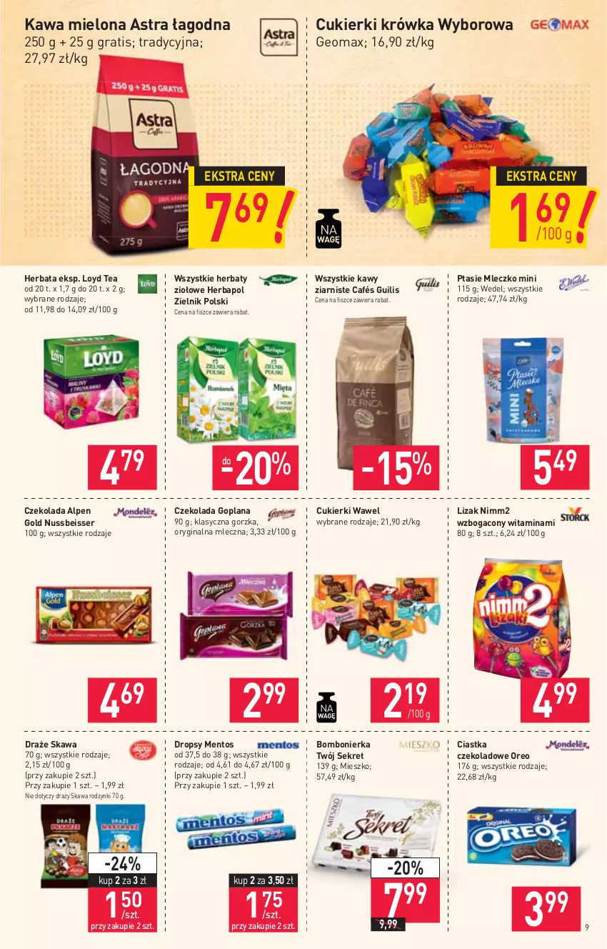 Gazetka promocyjna Stokrotka - Supermarket - ważna 29.07 do 04.08.2021 - strona 9 - produkty: Ciastka, Cukier, Cukierki, Czekolada, Gin, Goplana, Gra, Herbapol, Herbata, Kawa, Kawa mielona, Kret, LANA, Loyd, Mentos, Mleczko, Nimm2, Oreo, Ptasie mleczko, Rodzynki, Ser, Wawel, Wyborowa