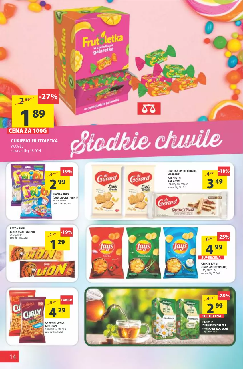 Gazetka promocyjna Arhelan - Gazetka - ważna 29.07 do 07.08.2022 - strona 14 - produkty: Baton, Chipsy, Chrupki, Ciastka, Cukier, Cukierki, Herbapol, Herbata, Kakao, Lion, Lorenz, Wawel