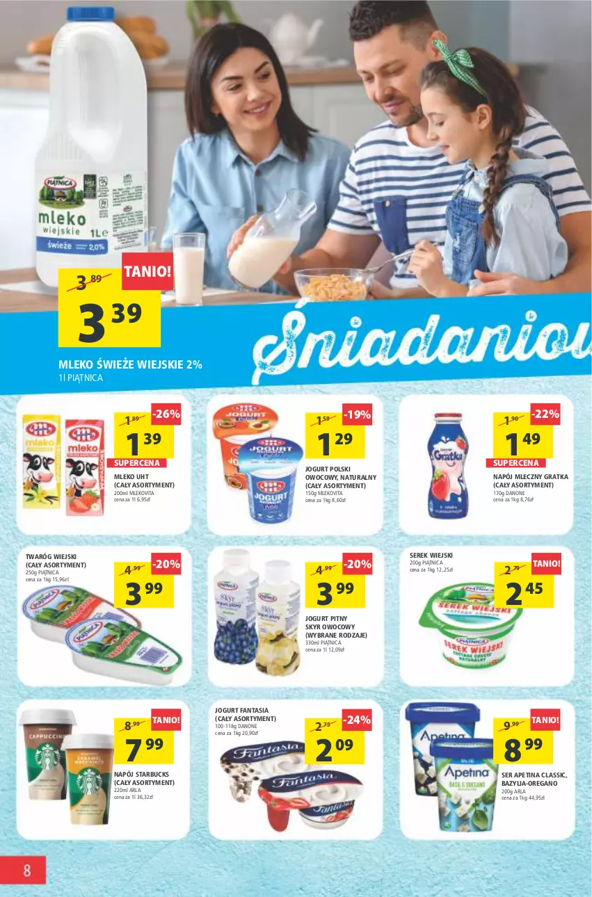 Gazetka promocyjna Arhelan - Gazetka - ważna 29.07 do 07.08.2022 - strona 8 - produkty: Bazyl, Bazylia, Danone, Fa, Fanta, Gra, Jogurt, Jogurt pitny, Mleko, Mlekovita, Napój, Napój mleczny, Piątnica, Ser, Serek, Serek wiejski, Twaróg, Vita C