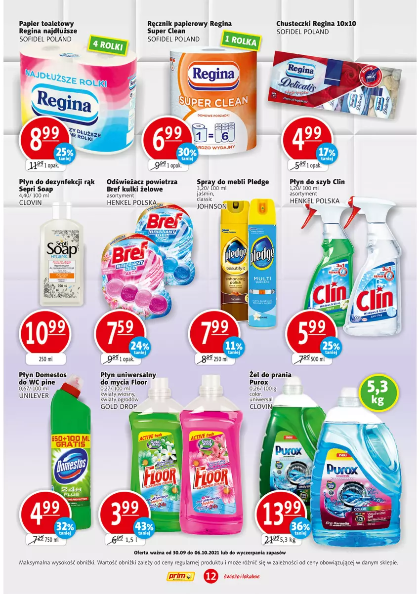 Gazetka promocyjna Prim Market - Gazetka - ważna 30.09 do 06.10.2021 - strona 12 - produkty: Bref, Chusteczki, Domestos, Gin, Lovi, Papier, Papier toaletowy, Pled, Por, Pur, Ręcznik, Sok