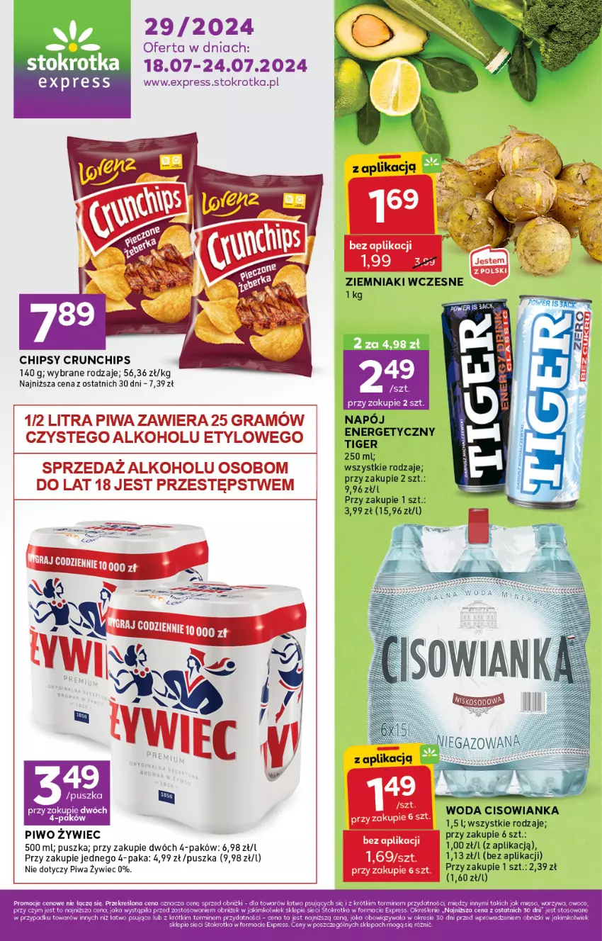 Gazetka promocyjna Stokrotka - Stokrotka Express - ważna 18.07 do 24.07.2024 - strona 1 - produkty: Chipsy, Cisowianka, Crunchips, Fa, Gra, Napój, Napój energetyczny, Piwa, Piwo, Tera, Tiger, Woda, Ziemniaki