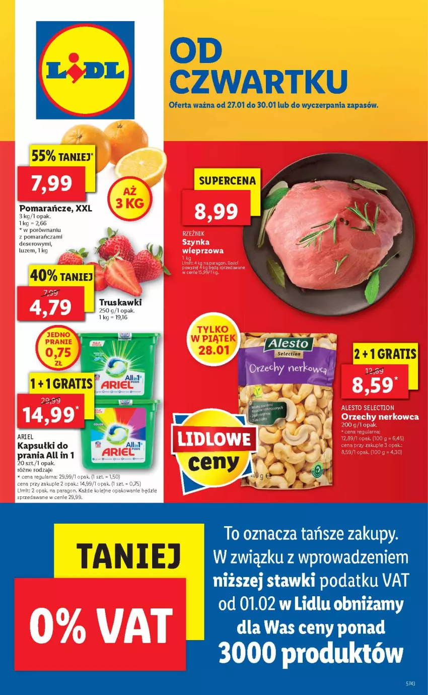 Gazetka promocyjna Lidl - GAZETKA - ważna 27.01 do 30.01.2022 - strona 1 - produkty: Ariel, Deser, Kapsułki do prania, Pomarańcze, Por, Ser, Truskawki