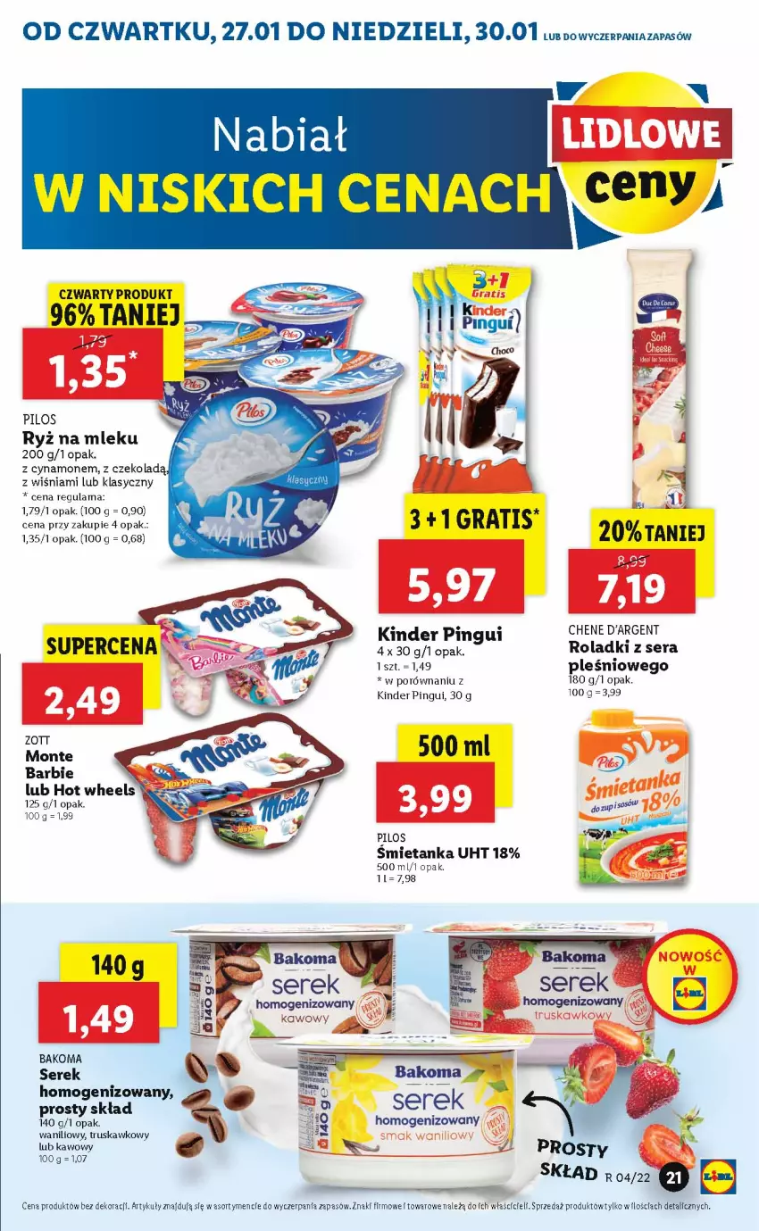 Gazetka promocyjna Lidl - GAZETKA - ważna 27.01 do 30.01.2022 - strona 21 - produkty: Bakoma, Barbie, Gra, Kinder, Monte, Pilos, Por, Ryż, Ryż na mleku, Ser, Serek, Sos, Zott