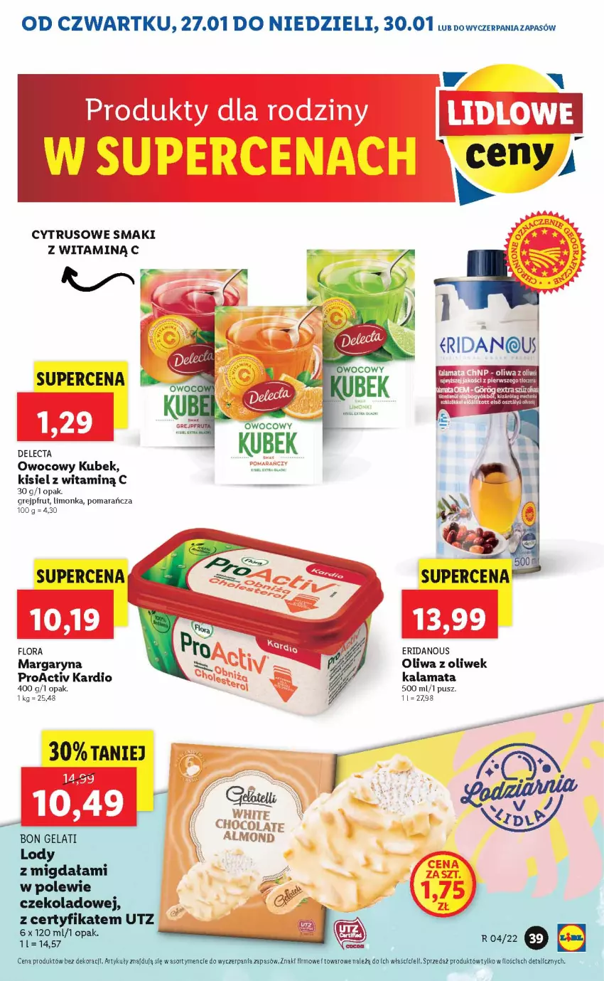 Gazetka promocyjna Lidl - GAZETKA - ważna 27.01 do 30.01.2022 - strona 39 - produkty: Delecta, Flora, Grejpfrut, Kisiel, Kubek, Limonka, Lody, Margaryna, Oliwa z oliwek