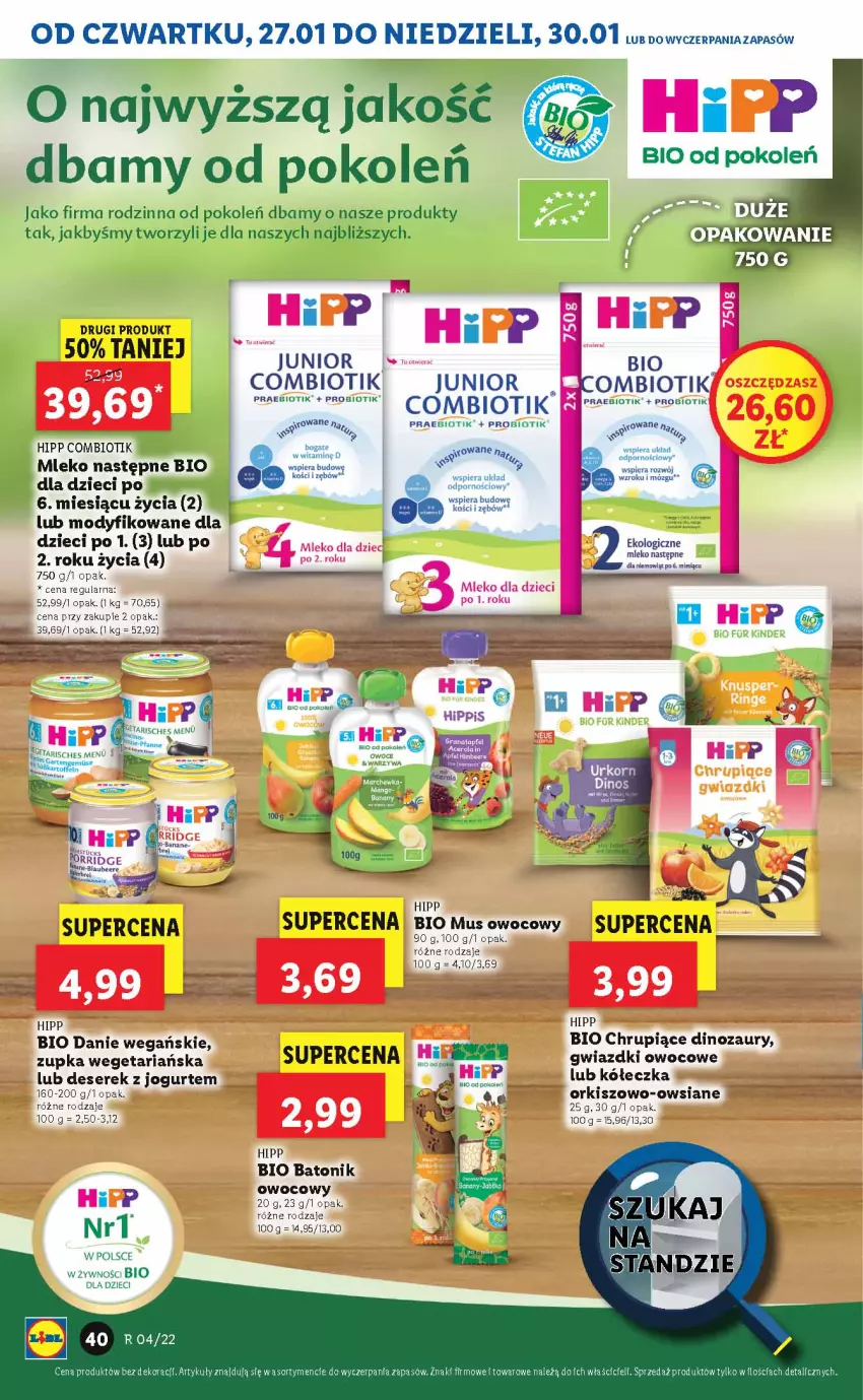 Gazetka promocyjna Lidl - GAZETKA - ważna 27.01 do 30.01.2022 - strona 40 - produkty: Baton, Bio Batonik, Deser, Dinozaur, Dzieci, HiPP, Hipp Bio, JBL, Jogurt, Mleko, Mus, O nas, Ser, Serek, Tonik, Wagi