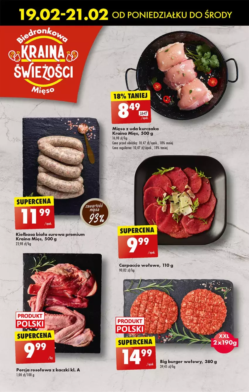 Gazetka promocyjna Biedronka - Od poniedzialku - ważna 19.02 do 24.02.2024 - strona 26 - produkty: Burger, Carpaccio, Kiełbasa, Kiełbasa biała, Kurczak, Mięso, Mięso z uda kurczaka, Por