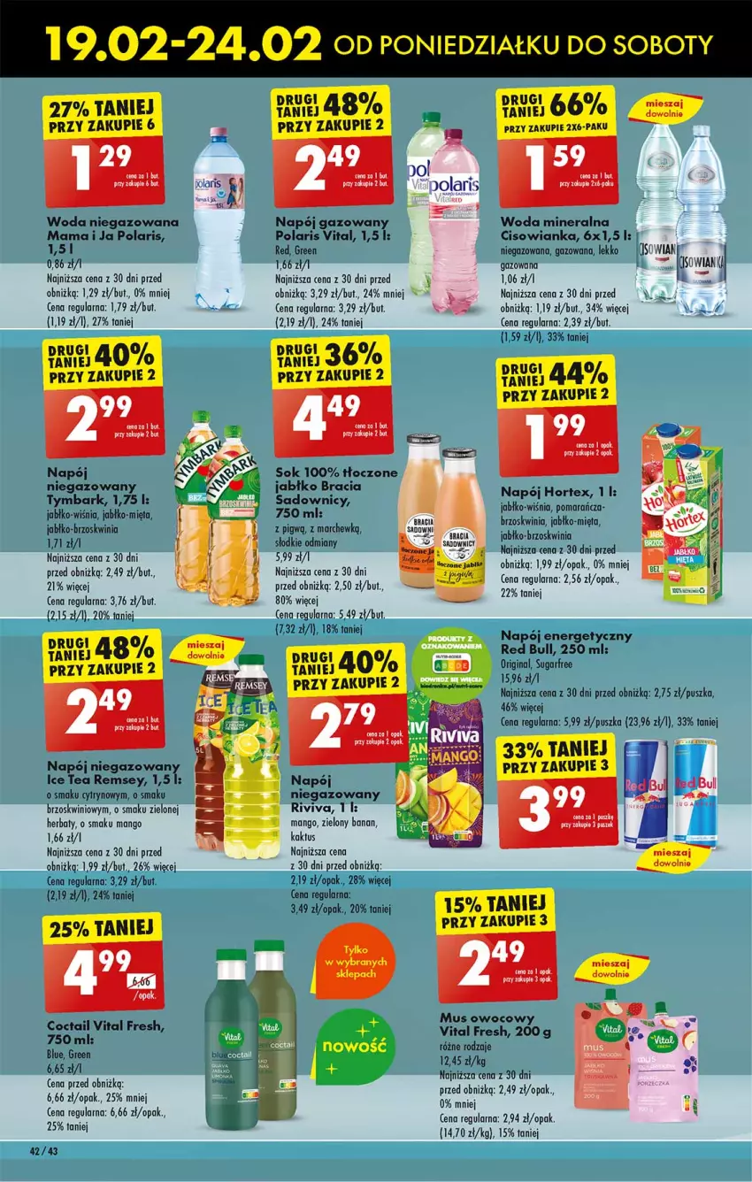 Gazetka promocyjna Biedronka - Od poniedzialku - ważna 19.02 do 24.02.2024 - strona 48 - produkty: Cisowianka, Gin, Hortex, Ice tea, Kaktus, Mango, Mięta, Mus, Napój, Napój energetyczny, Napój gazowany, Napój niegazowany, Red Bull, Sok, Tymbark, Woda, Woda mineralna, Woda niegazowana