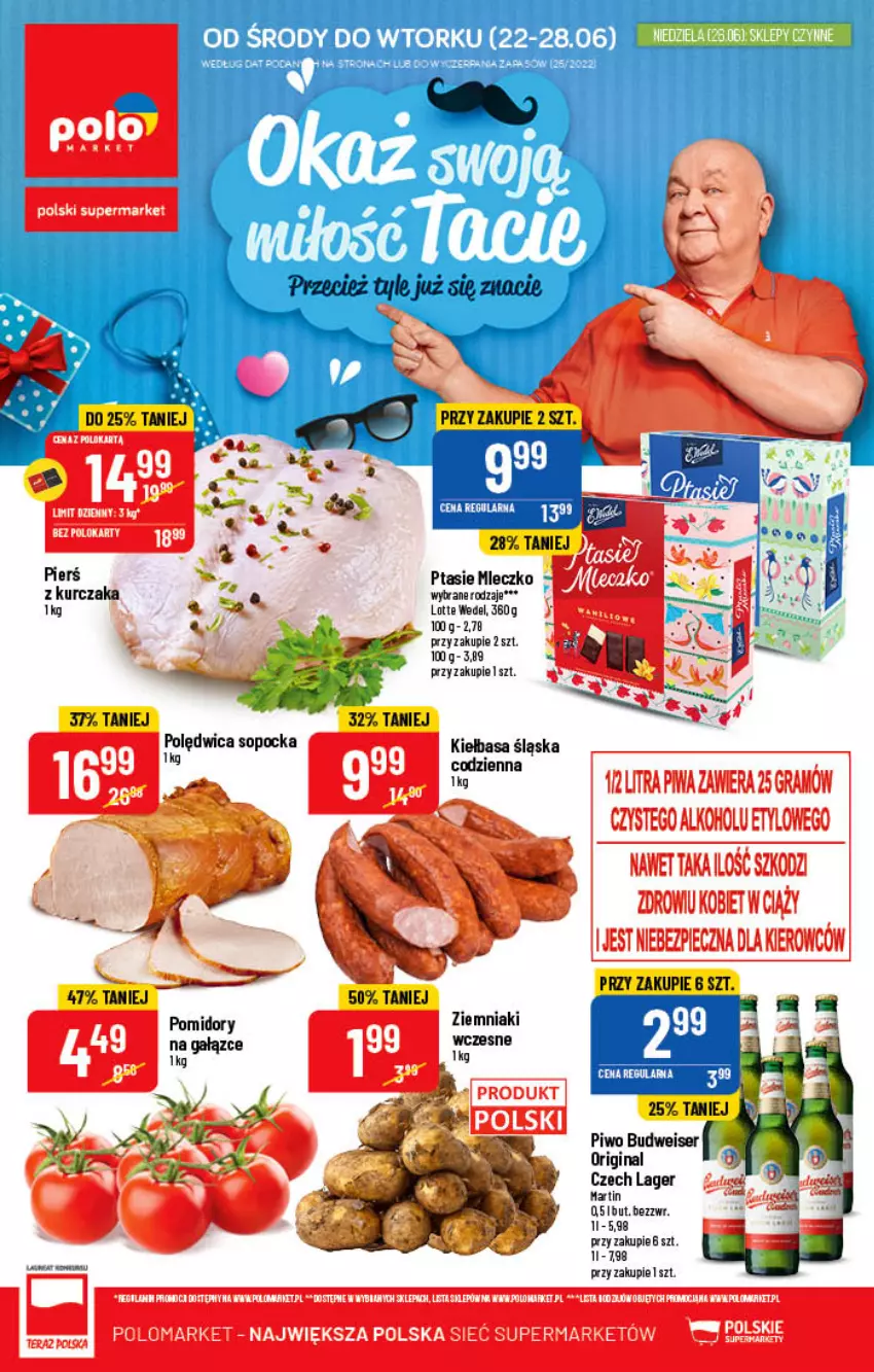 Gazetka promocyjna PoloMarket - Gazetka pomocyjna - ważna 22.06 do 28.06.2022 - strona 1 - produkty: Gin, Gra, Kiełbasa, Kiełbasa śląska, Kurczak, Mleczko, Piwo, Polędwica, Pomidory, Ptasie mleczko, Ser, STP, Ziemniaki