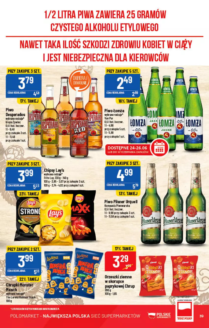 Gazetka promocyjna PoloMarket - Gazetka pomocyjna - ważna 22.06 do 28.06.2022 - strona 39 - produkty: Chipsy, Chrupki, Lorenz, Orzeszki, Orzeszki ziemne, Pilsner Urquell, Piwo, Pur