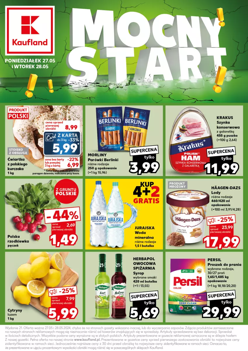 Gazetka promocyjna Kaufland - Kaufland - ważna 27.05 do 28.05.2024 - strona 1 - produkty: Berlinki, Cytryny, Gala, Grunt, Herbapol, Krakus, Kurczak, Lody, Morliny, Parówki, Persil, Proszek do prania, Rzodkiewka, Ser, Syrop, Szynka, Szynka konserwowa, Woda, Woda mineralna