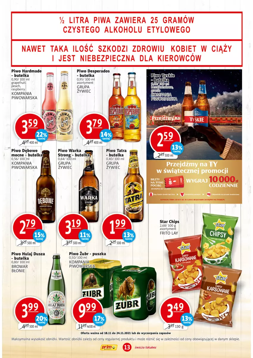 Gazetka promocyjna Prim Market - Gazetka - ważna 18.11 do 24.11.2021 - strona 13 - produkty: Desperados, Gra, Piwo, Sok, Tatra, Warka