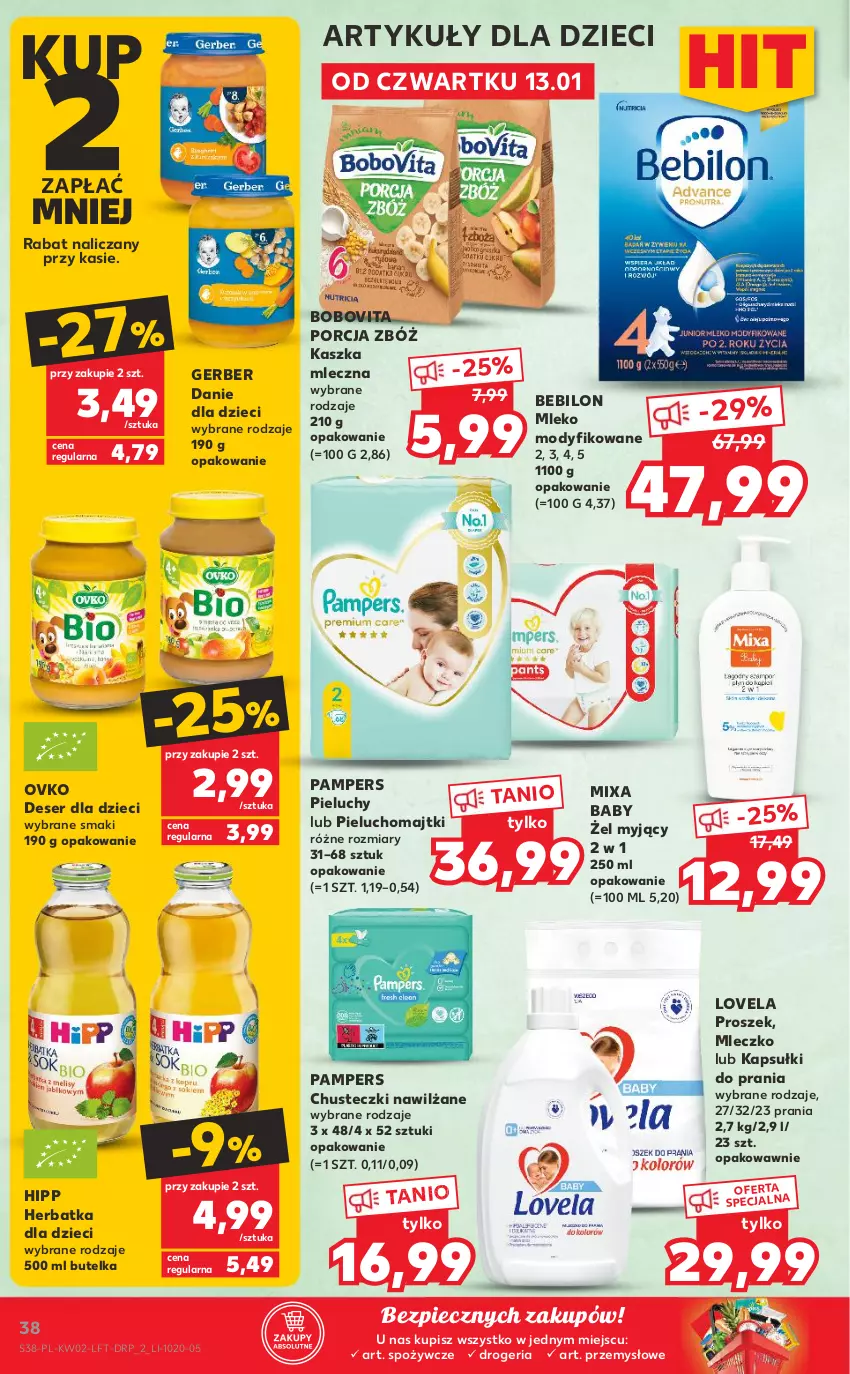 Gazetka promocyjna Kaufland - OFERTA TYGODNIA - ważna 13.01 do 19.01.2022 - strona 38 - produkty: BEBILON, BoboVita, Chusteczki, Danie dla dzieci, Deser, Dzieci, Gerber, HiPP, Kapsułki do prania, Lovela, Majtki, Mixa, Mleczko, Mleko, Mleko modyfikowane, Pampers, Piec, Pieluchomajtki, Pieluchy, Por, Ser