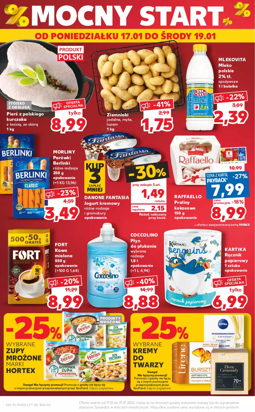 Gazetka promocyjna Kaufland - OFERTA TYGODNIA - ważna 13.01 do 19.01.2022 - strona 54 - produkty: Berlinki, Coccolino, Danone, Danone Fantasia, Fa, Fanta, Gra, Hortex, Jogurt, Kawa, Kawa mielona, Kokos, Kurczak, Mleko, Mlekovita, Morliny, Papier, Parówki, Płyn do płukania, Praliny, Produkty mrożone, Raffaello, Rama, Ręcznik, Waga, Ziemniaki