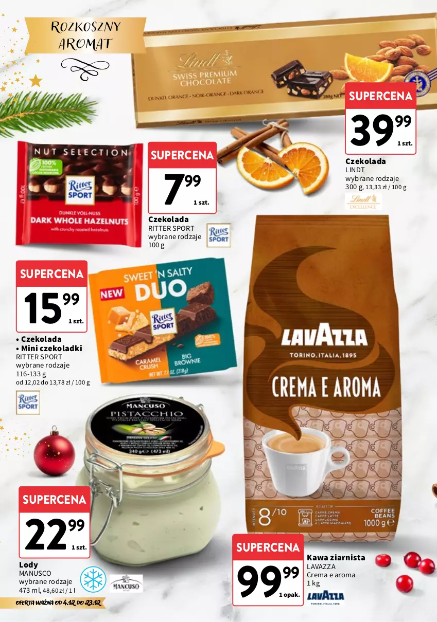 Gazetka promocyjna Intermarche - Gazetka Intermarche - ważna 04.12 do 23.12.2025 - strona 10 - produkty: Czekolada, Kawa, Kawa ziarnista, Kosz, Lavazza, Lindt, Lody, Por, Ritter Sport, Sport