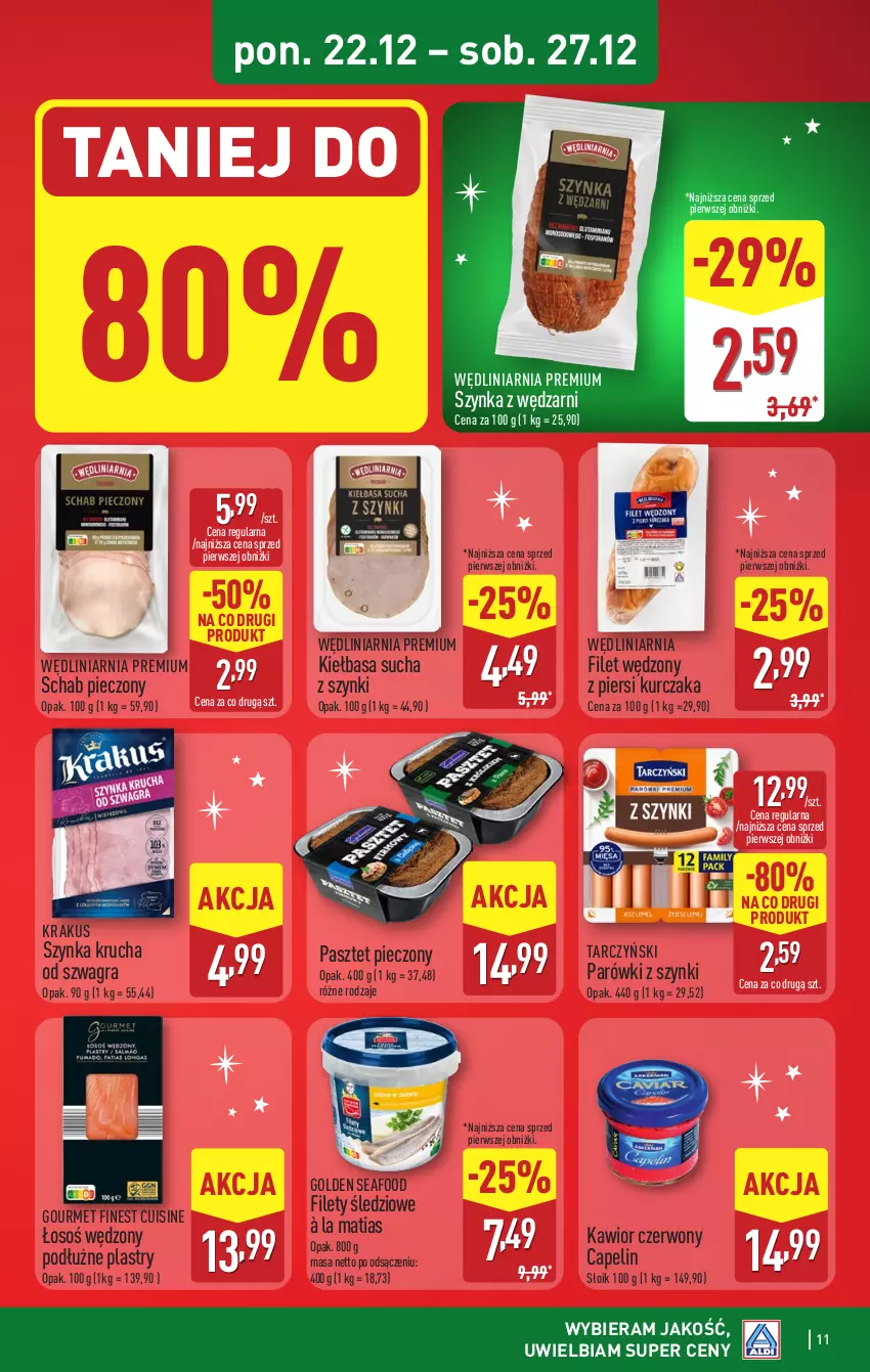 Gazetka promocyjna Aldi - Pełna oferta - ważna 22.12 do 27.12.2025 - strona 11 - produkty: Golden Seafood, Gra, Kawior, Kiełbasa, Krakus, Kurczak, Parówki, Parówki z szynki, Pasztet, Piec, Schab pieczony, Szynka, Tarczyński