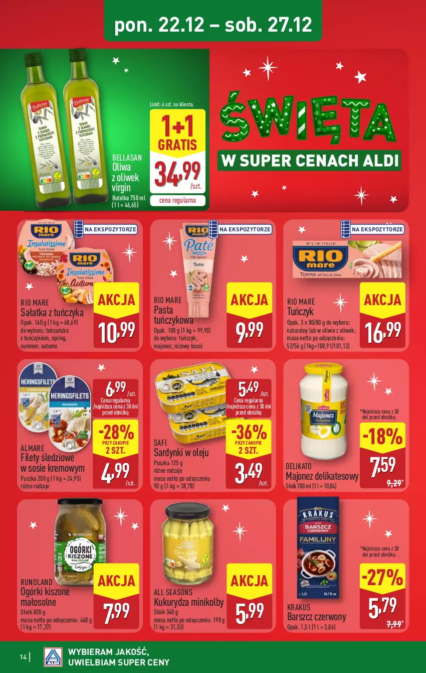 Gazetka promocyjna Aldi - Pełna oferta - ważna 22.12 do 27.12.2025 - strona 14 - produkty: All Seasons, Bell, Bella, Gin, Gra, Krakus, Kukurydza, Majonez, Olej, Oliwa z oliwek, Rio Mare, Runoland, Sałat, Sałatka, Sardynki, Sos, Tuńczyk