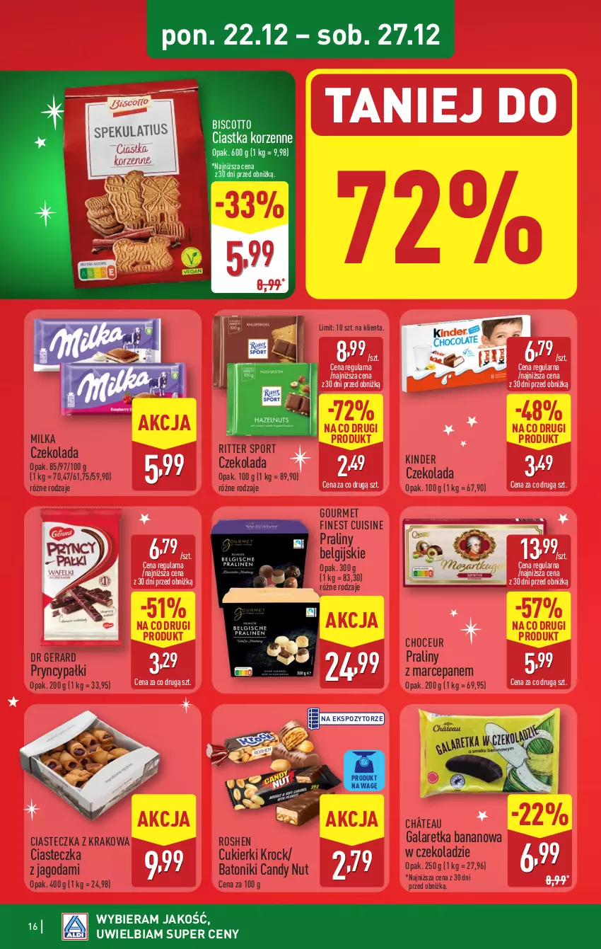 Gazetka promocyjna Aldi - Pełna oferta - ważna 22.12 do 27.12.2025 - strona 16 - produkty: Baton, Candy, Ciastka, Cukier, Cukierki, Czekolada, Dr Gerard, Gala, Galaretka, Kinder, LG, Milka, Por, Praliny, Ritter Sport, Sport, Tonik