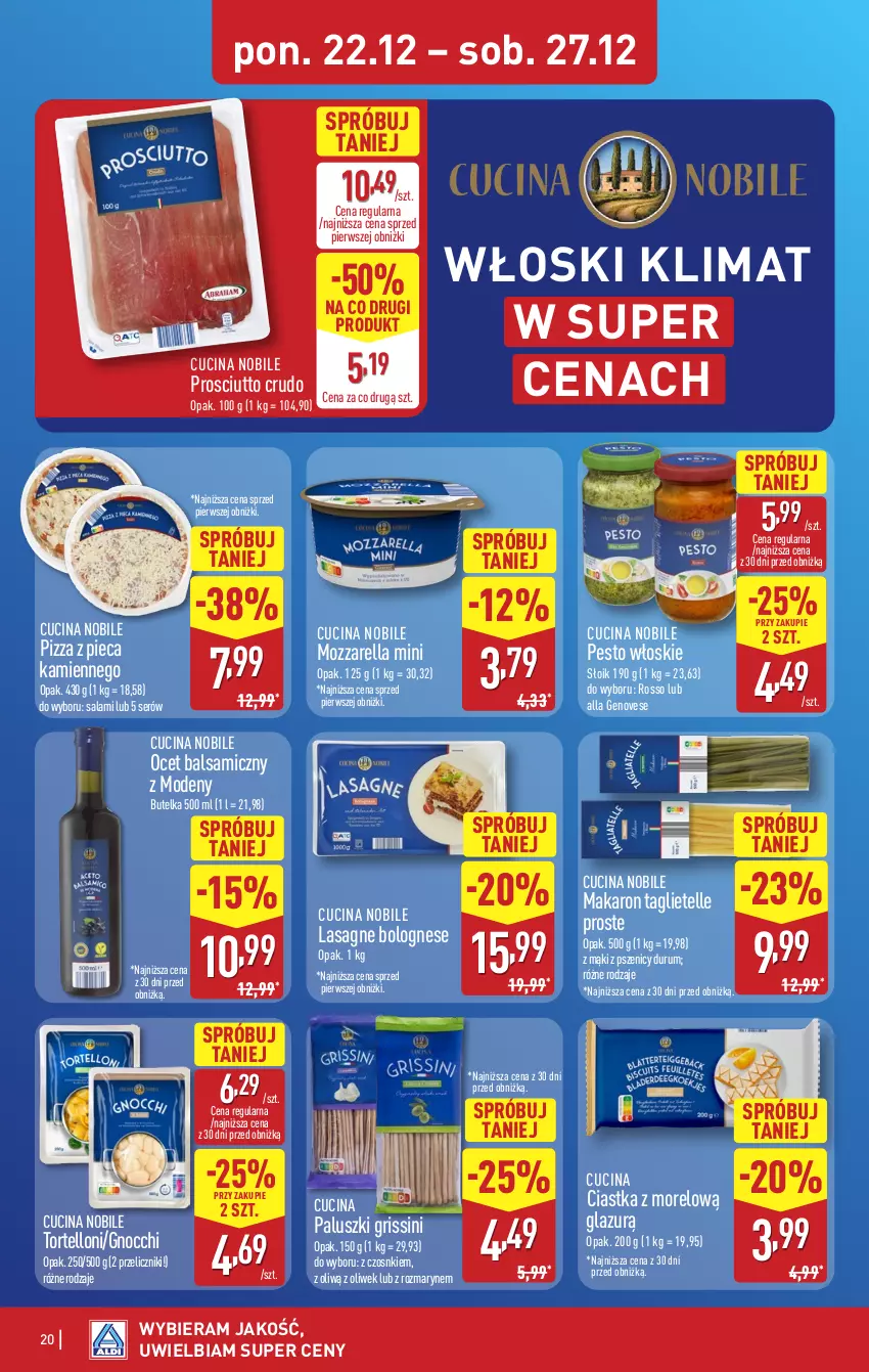 Gazetka promocyjna Aldi - Pełna oferta - ważna 22.12 do 27.12.2025 - strona 20 - produkty: Ciastka, Gnocchi, Grissini, Lasagne, Lasagne bolognese, Lazur, Makaron, Mozzarella, Ocet, Ocet balsamiczny, Pesto, Piec, Pizza, Pizza z pieca kamiennego, Prosciutto, Rum, Salami, Ser, Tortelloni
