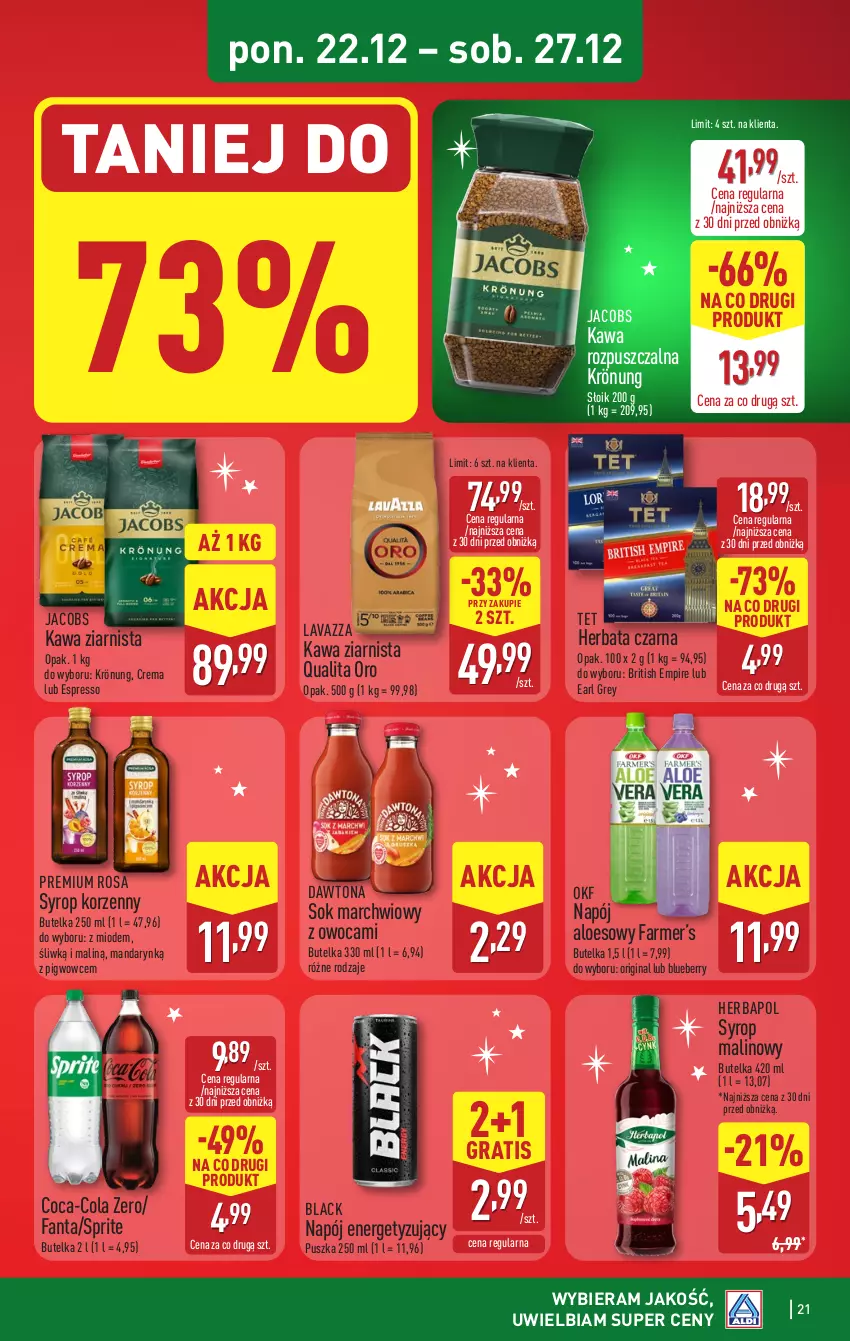 Gazetka promocyjna Aldi - Pełna oferta - ważna 22.12 do 27.12.2025 - strona 21 - produkty: Brit, Coca-Cola, Dawtona, Earl Grey, Fa, Fanta, Gin, Gra, Herbapol, Herbata, Herbata czarna, Jacobs, Kawa, Kawa rozpuszczalna, Kawa ziarnista, Lack, Lavazza, Napój, Sok, Sprite, Syrop