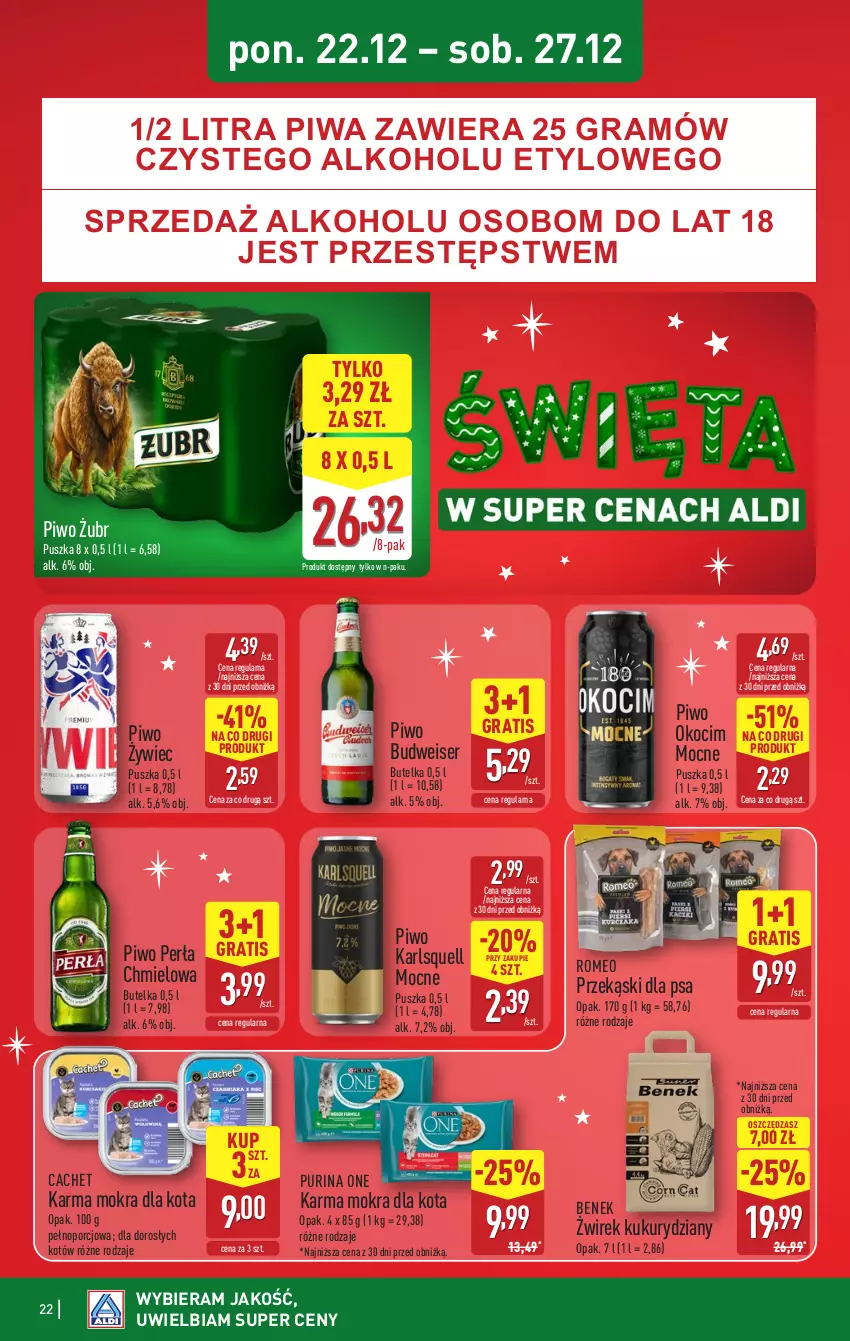 Gazetka promocyjna Aldi - Pełna oferta - ważna 22.12 do 27.12.2025 - strona 22 - produkty: Gra, Karlsquell, Koc, Okocim, Perła, Piwa, Piwo, Por, Przekąski dla psa, Pur, Purina, Ser
