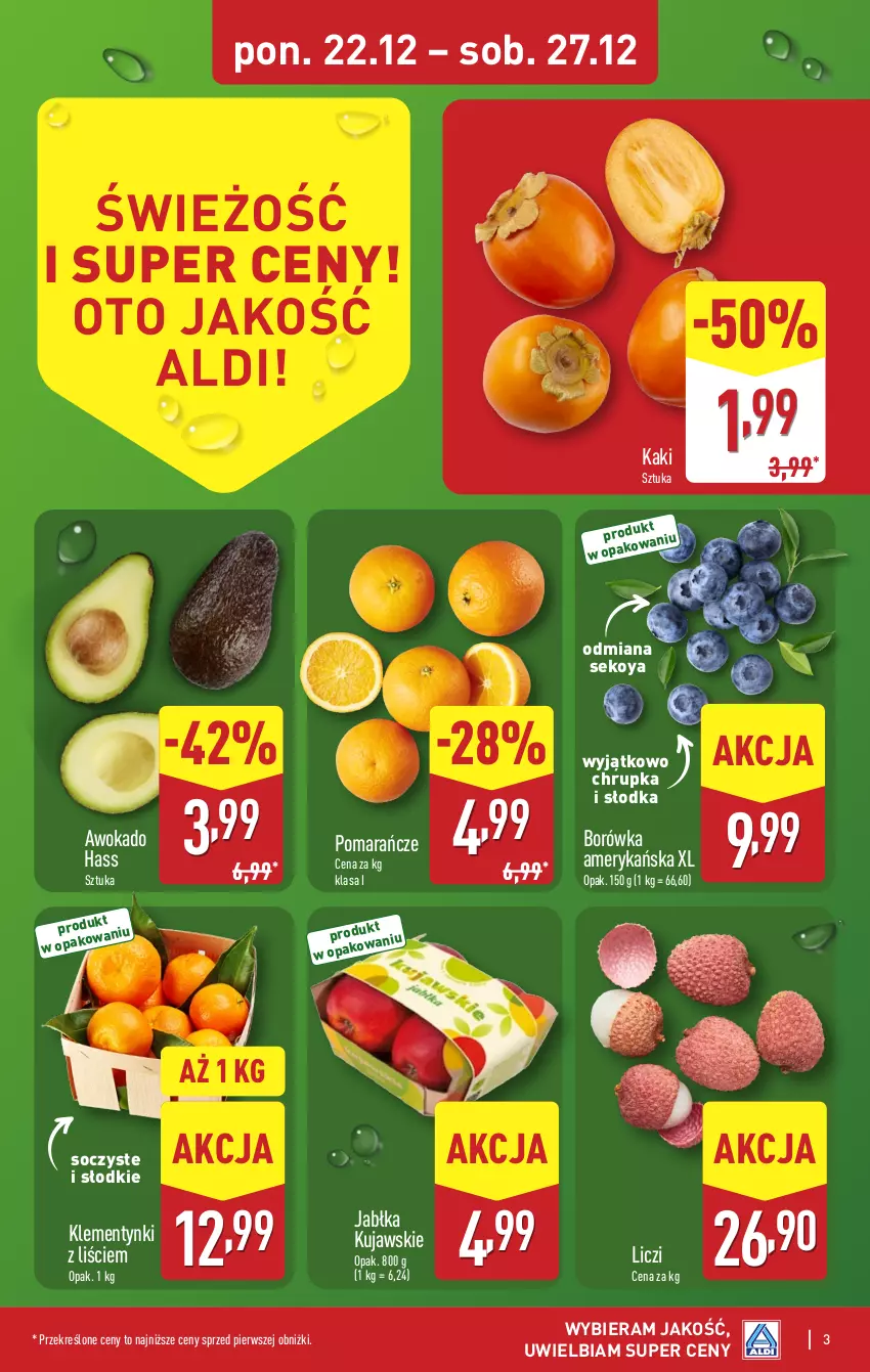 Gazetka promocyjna Aldi - Pełna oferta - ważna 22.12 do 27.12.2025 - strona 3 - produkty: Borówka, Borówka amerykańska, Jabłka, Kaki, Klementynki, Kujawski, Liczi, Pomarańcze, SEKO