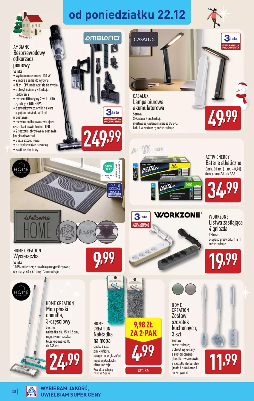 Gazetka promocyjna Aldi - Pełna oferta - ważna 22.12 do 27.12.2025 - strona 30 - produkty: Akumulator, Baterie alkaliczne, Biuro, Lampa, Listwa, Mop, Odkurzacz, Teleskop, Wycieraczka, Zmywarki
