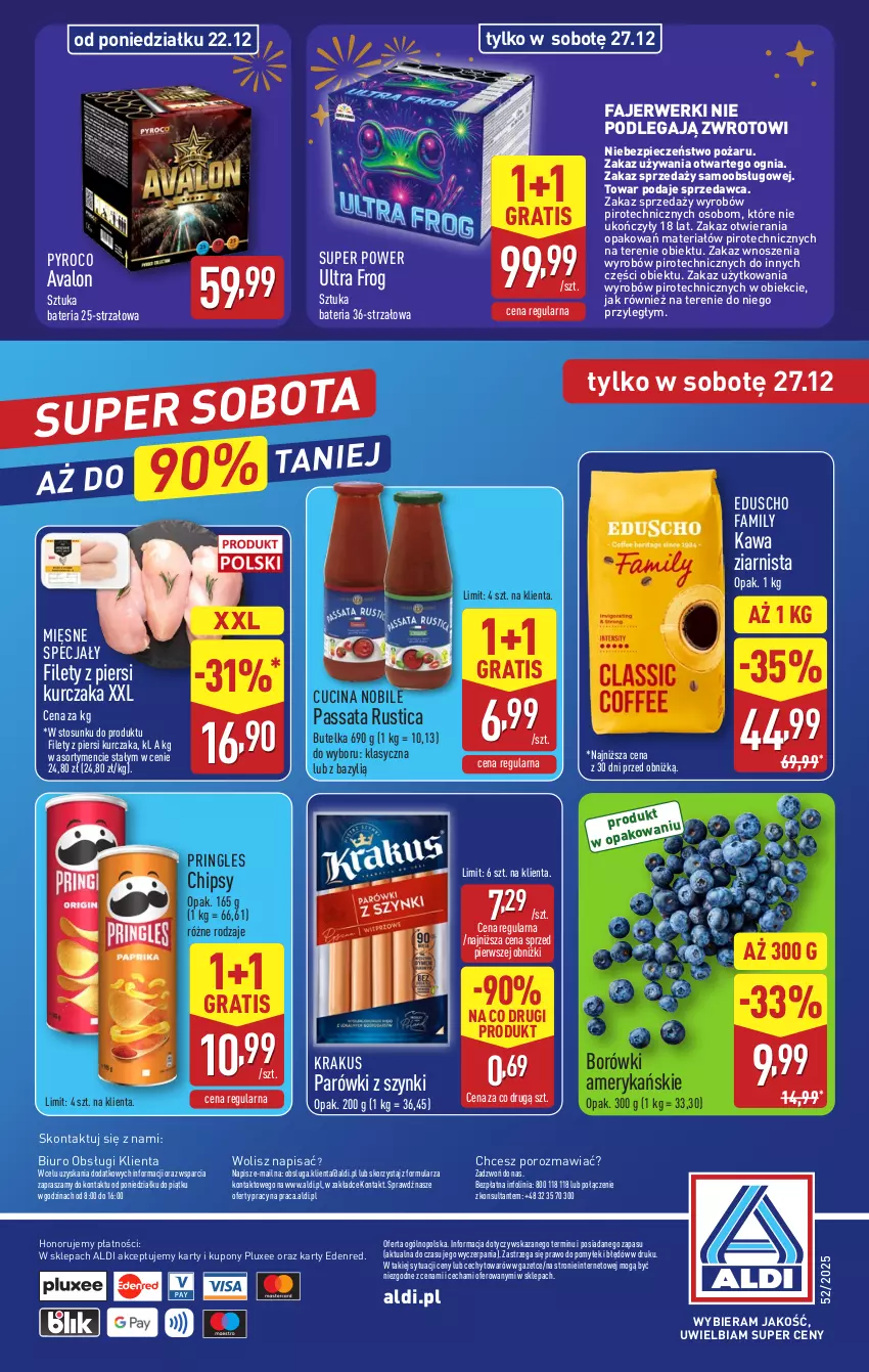 Gazetka promocyjna Aldi - Pełna oferta - ważna 22.12 do 27.12.2025 - strona 34 - produkty: Bateria, Bazyl, Biuro, Chipsy, Fa, Gra, Kawa, Kawa ziarnista, Krakus, Kurczak, Mięsne specjały, O nas, Parówki, Parówki z szynki, Piec, Por, Pringles, Rust