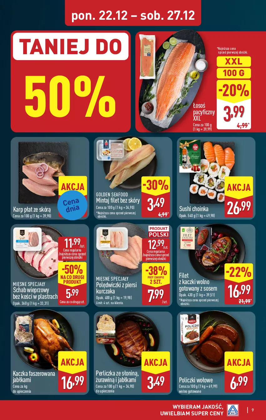 Gazetka promocyjna Aldi - Pełna oferta - ważna 22.12 do 27.12.2025 - strona 9 - produkty: Choinka, Fa, Golden Seafood, Inka, Jabłka, Kaczka, Kaczka faszerowana, Karp, Kurczak, Mięsne specjały, Mintaj, Perliczka, Piec, Policzki wołowe, Schab wieprzowy, Sos, Sushi