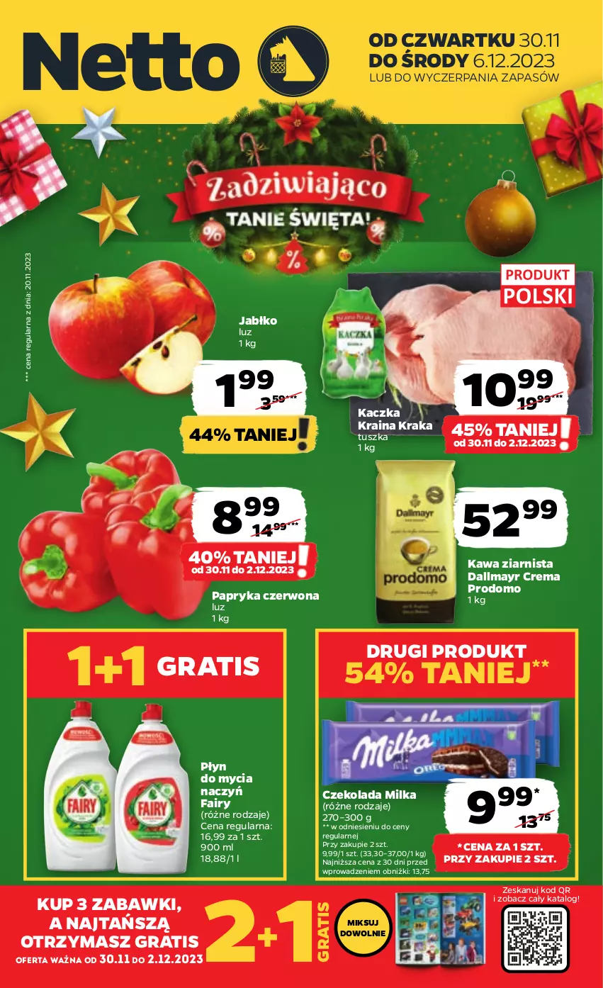 Gazetka promocyjna Netto - Artykuły spożywcze - ważna 30.11 do 06.12.2023 - strona 1 - produkty: Czekolada, Dallmayr, Do mycia naczyń, Fa, Fairy, Gra, Kaczka, Kawa, Kawa ziarnista, Milka, Papryka, Papryka czerwona, Płyn do mycia, Płyn do mycia naczyń, Tusz