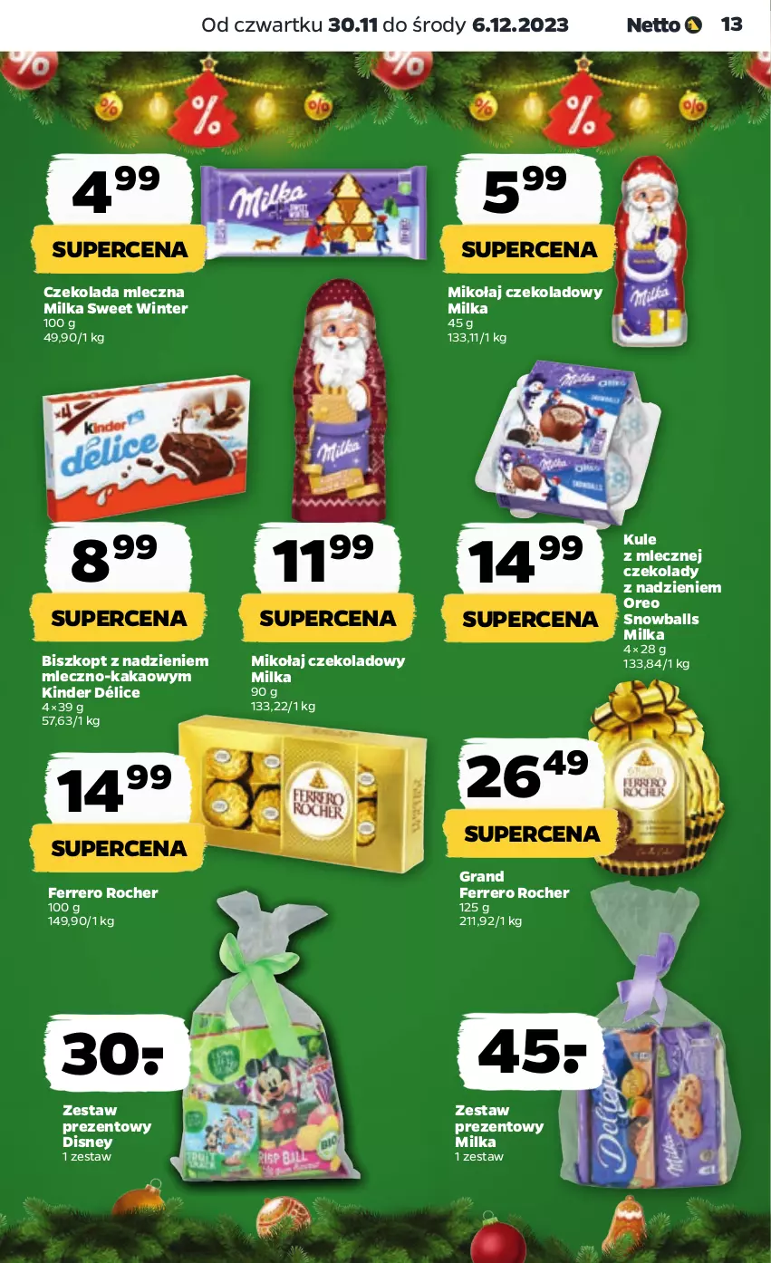 Gazetka promocyjna Netto - Artykuły spożywcze - ważna 30.11 do 06.12.2023 - strona 13 - produkty: Czekolada, Czekolada mleczna, Disney, Ferrero, Ferrero Rocher, Gra, Kakao, Kinder, Milka, Oreo, Zestaw prezentowy