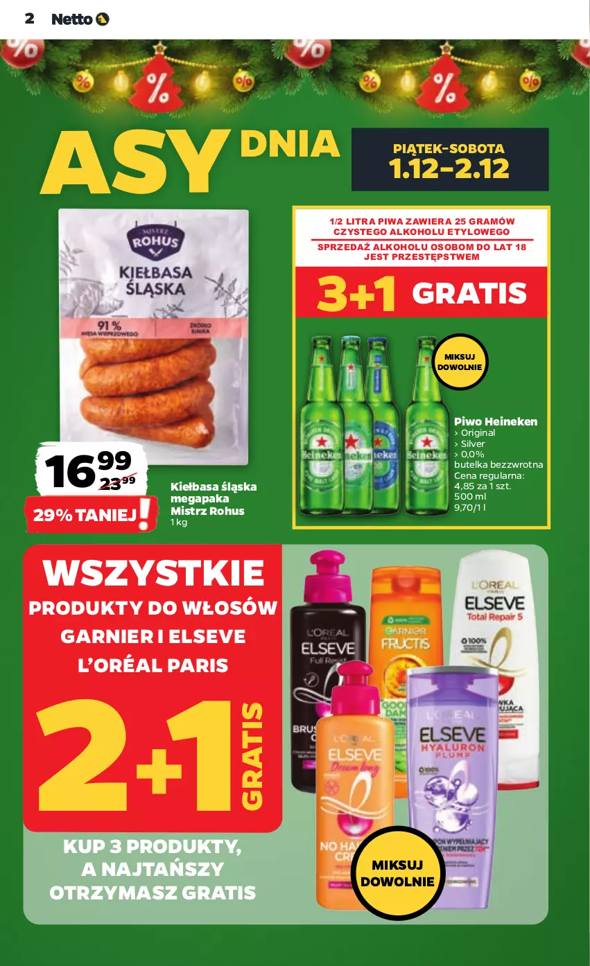 Gazetka promocyjna Netto - Artykuły spożywcze - ważna 30.11 do 06.12.2023 - strona 2 - produkty: Elseve, Garnier, Gin, Gra, Heineken, Kiełbasa, Kiełbasa śląska, L’Oréal, Piwa, Piwo