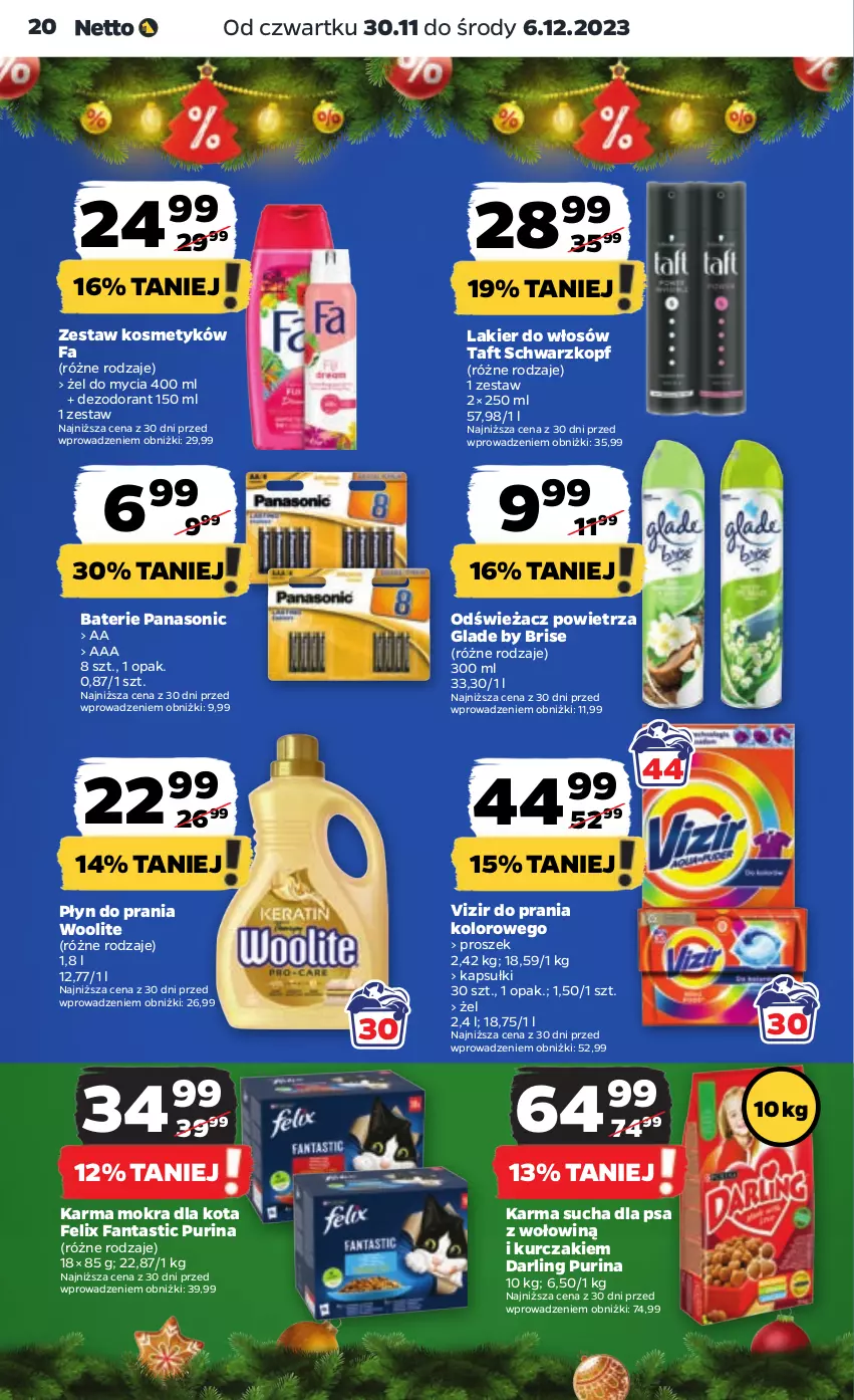 Gazetka promocyjna Netto - Artykuły spożywcze - ważna 30.11 do 06.12.2023 - strona 20 - produkty: Dezodorant, Fa, Fanta, Felix, Kurczak, Lakier, Lakier do włosów, Odświeżacz powietrza, Panasonic, Płyn do prania, Pur, Purina, Schwarzkopf, Taft, Vizir, Woolite