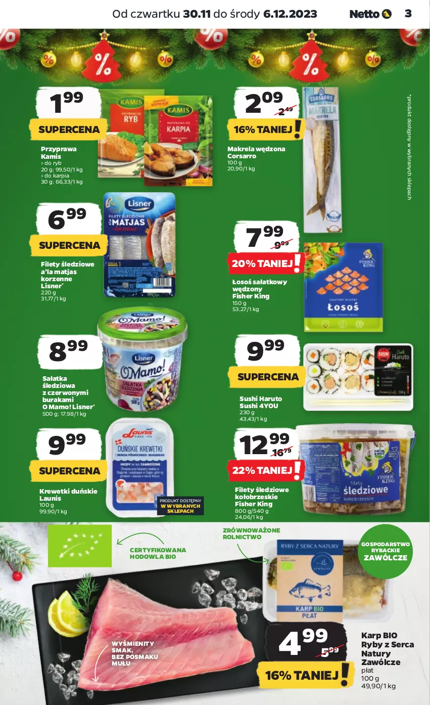 Gazetka promocyjna Netto - Artykuły spożywcze - ważna 30.11 do 06.12.2023 - strona 3 - produkty: Kamis, Karp, Krewetki, Lisner, Matjas, Ryba, Sałat, Sałatka, Ser, Sushi