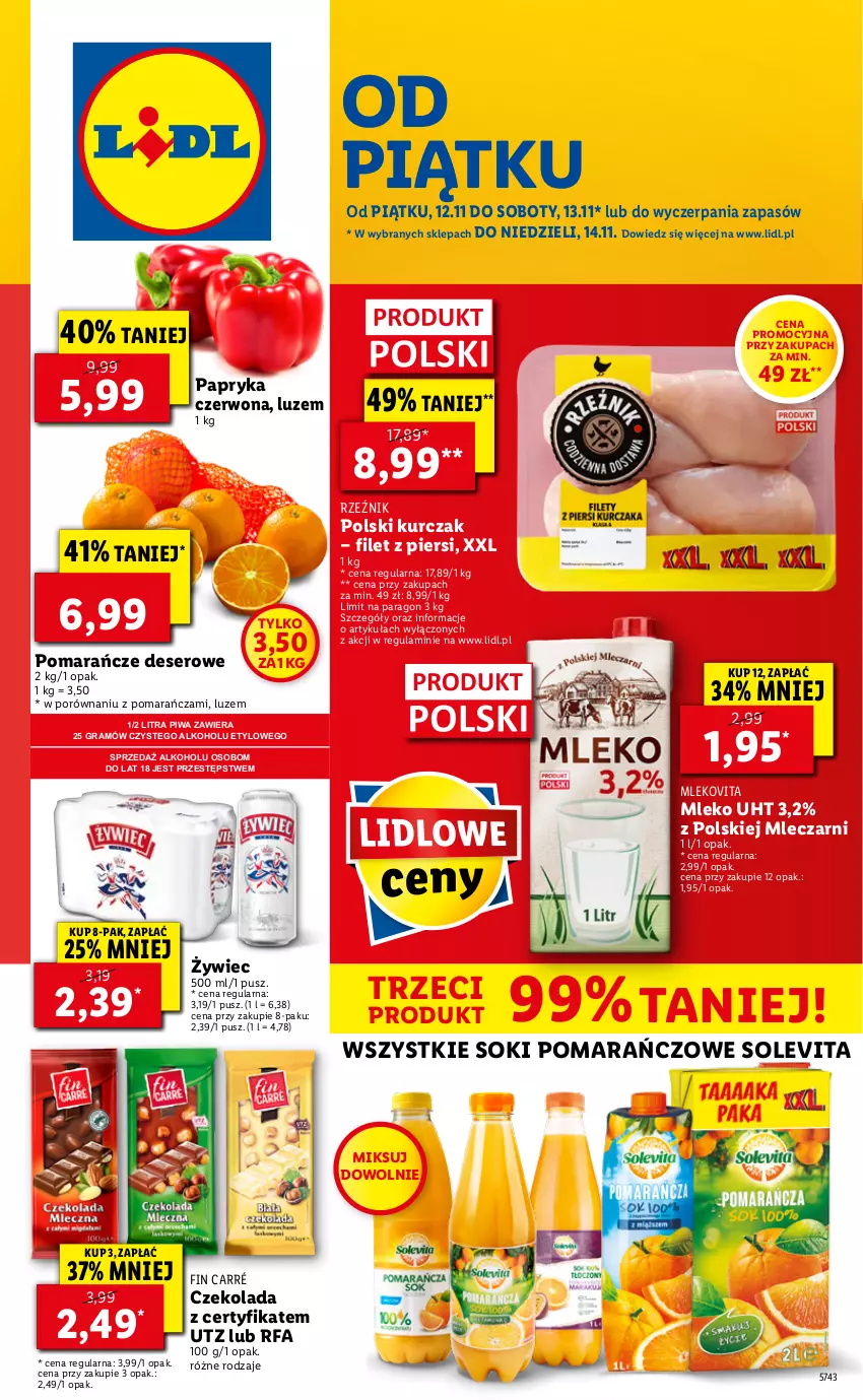 Gazetka promocyjna Lidl - GAZETKA - ważna 12.11 do 14.11.2021 - strona 1 - produkty: Czekolada, Deser, Fa, Gra, Kurczak, Mleko, Mlekovita, Papryka, Papryka czerwona, Piwa, Pomarańcze, Por, Ser, Sok