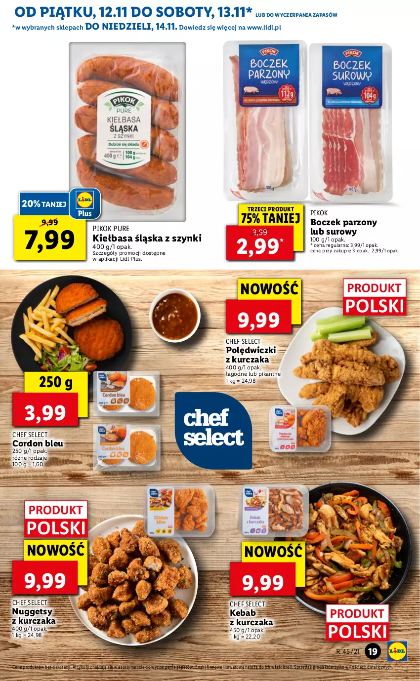 Gazetka promocyjna Lidl - GAZETKA - ważna 12.11 do 14.11.2021 - strona 19 - produkty: Boczek, Cordon Bleu, Kebab, Kebab z kurczaka, Kiełbasa, Kiełbasa śląska, Kurczak, PIKOK, Polędwiczki z kurczaka, Pur