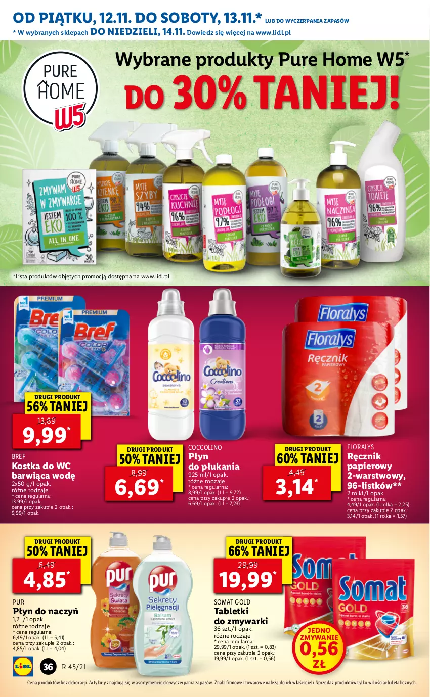 Gazetka promocyjna Lidl - GAZETKA - ważna 12.11 do 14.11.2021 - strona 36 - produkty: Bref, Coccolino, Flora, Kostka do wc, Papier, Płyn do płukania, Pur, Ręcznik, Rolki, Somat, Somat gold, Tablet, Tabletki do zmywarki, Zmywarki