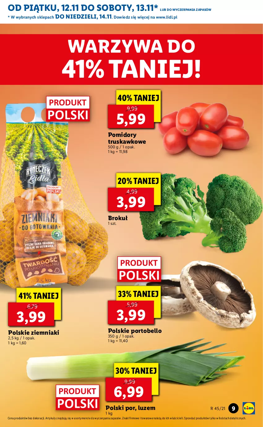 Gazetka promocyjna Lidl - GAZETKA - ważna 12.11 do 14.11.2021 - strona 9 - produkty: Bell, Pomidory, Por, Portobello, Warzywa, Ziemniaki